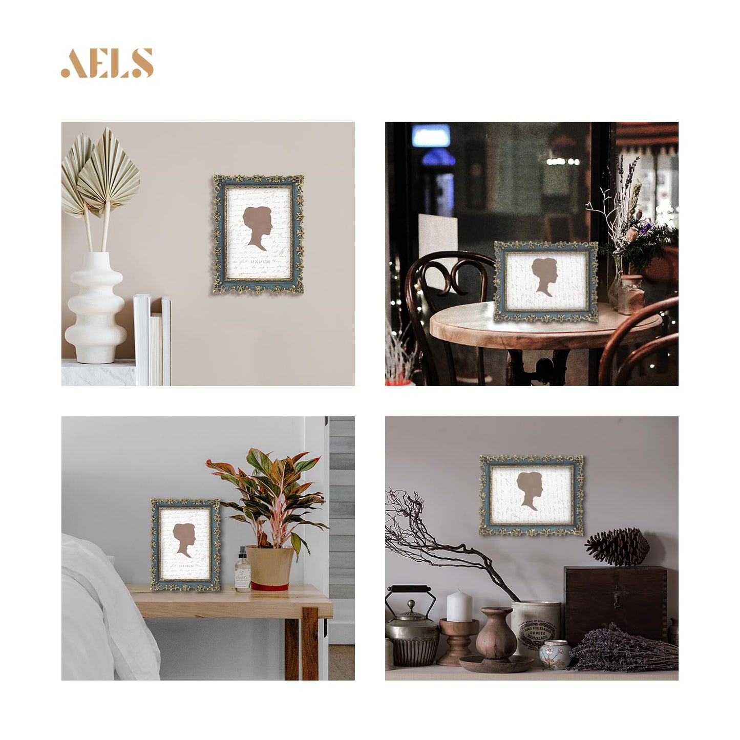 AELS 4x6 Inch Vintage Picture Frame, Elegant Antique Photo Frames with Glass Front, Photo Display, Tabletop Wall Hanging, Gift Ideas, Vine Pattern, Silver & Light Blue