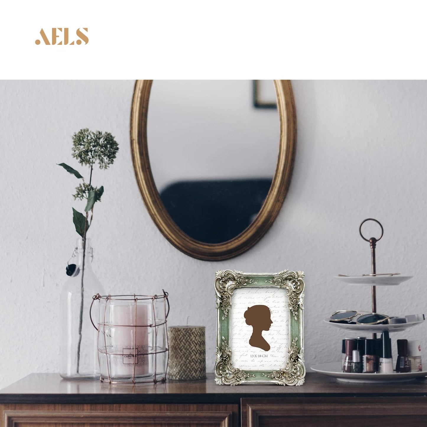 AELS 5x7 Inch Vintage Picture Frame, Elegant Antique Photo Frames with Glass Front, Photo Display, Tabletop Wall Hanging, Gift Ideas, Silver and Green