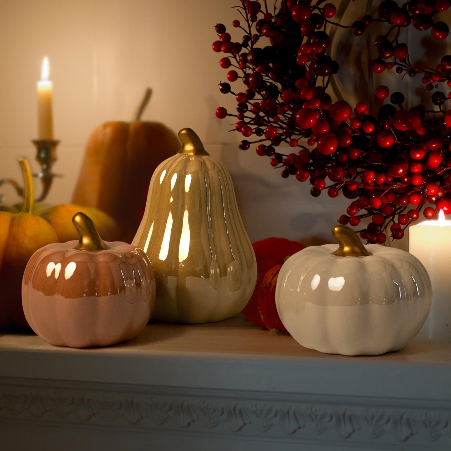 AELS 5.9" Tall Modern Farmhouse Pumpkins Fall Decor Indoor, Set of 2 Elegant Tabletop Decorations, Resin Artificial Pumpkins Decor for Fall Table Runner, Office, Holiday Party Home, White