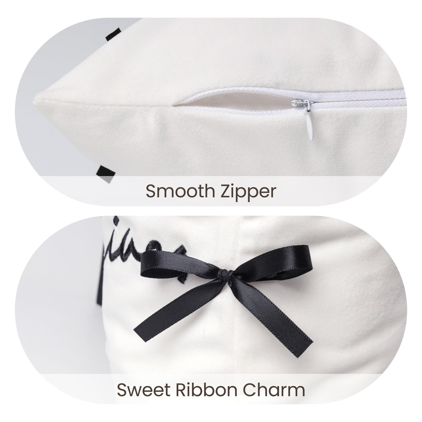 Bow Pillow Cover, Text Design Velvet Bowknot Decorative Pillow Covers for Valentine's Day, Wedding, Christmas, Living Room, Bedroom, Nursery Decor, 18x18 Inch, Love Lives Here, Pink Cream White