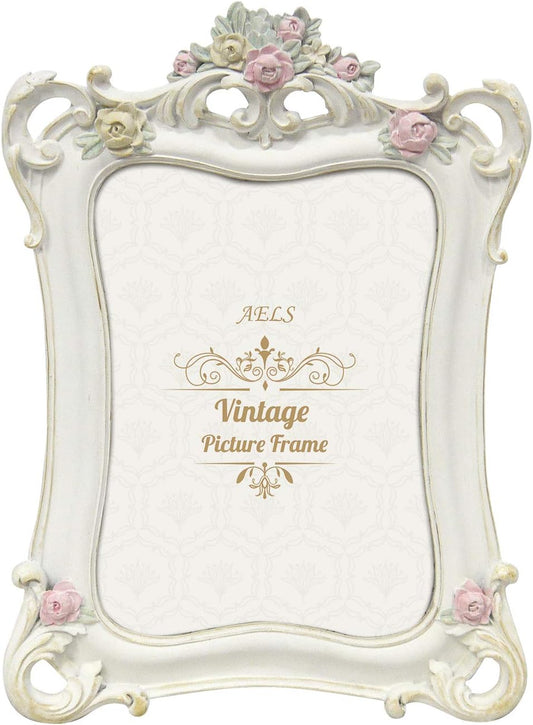 AELS 5x7 Inch Vintage Picture Frame, Elegant Antique Photo Frames with Glass Front, Photo Display, Tabletop Wall Hanging, Gift Ideas, White Rose with Vines