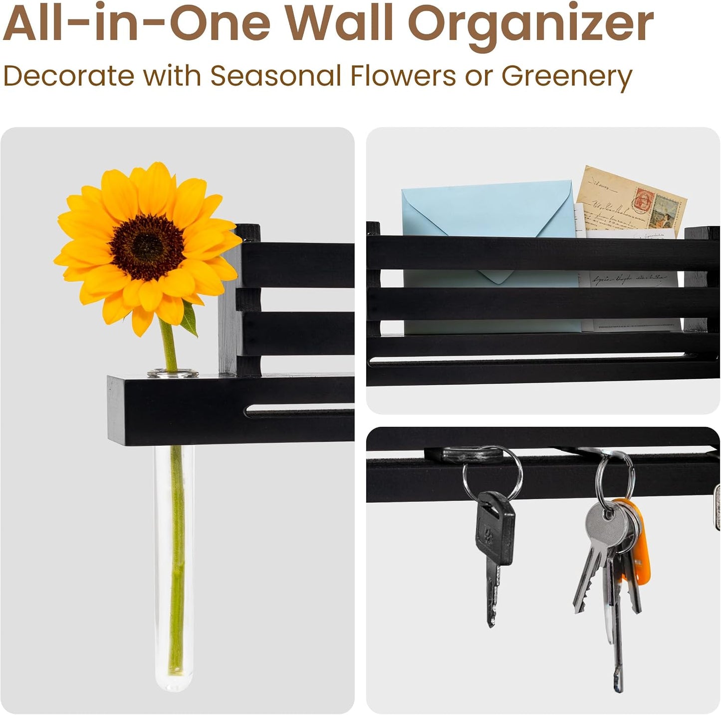 Black Wall Mounted Key Holder with Acrylic Vase & Mail Organizer, Wooden Entryway Key Rack with 5.9" Test Tube Vase, Decorative Key Hanger with Slot for Keys and Letters, Gift Idea