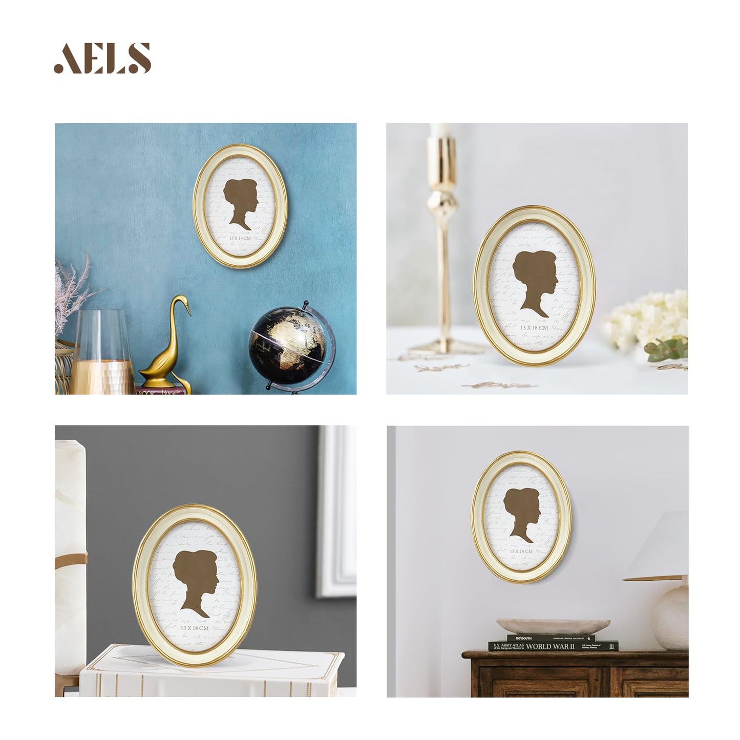 AELS 2.5x3.5 Inch Small Wallet Size Vintage Picture Frame, Elegant Antique Mini Photo Frames with Glass Front, Photo Display, Tabletop Wall Hanging, Gift Ideas, Black Oval with Gold Trim