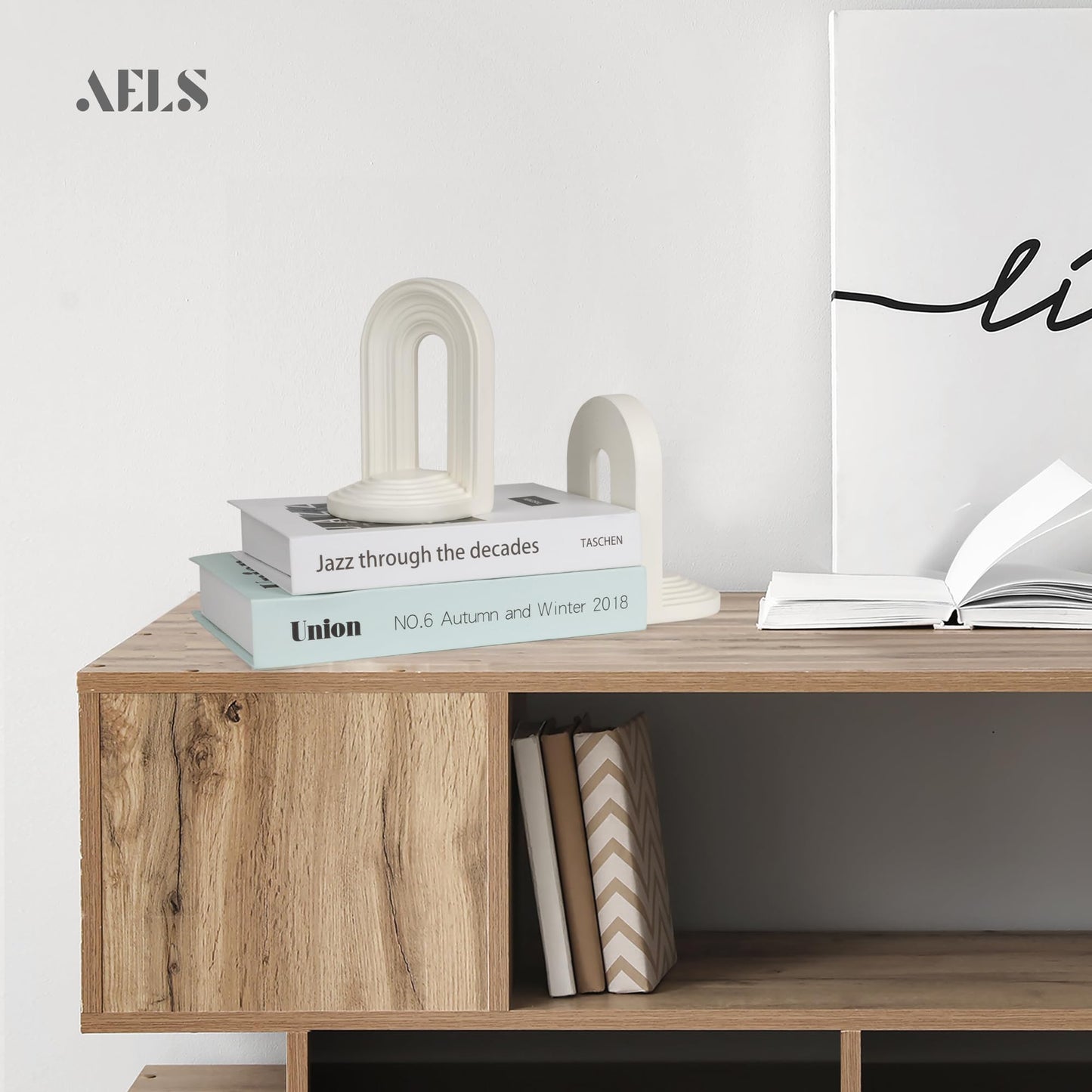 AELS Mordern Bookends, Mid Century Arch Heavy Duty Book Ends, Unique Decorative Bookend Supports for Shelves, Office Desktop Book Stand, Stopper for Books/Movies/CD, Cream