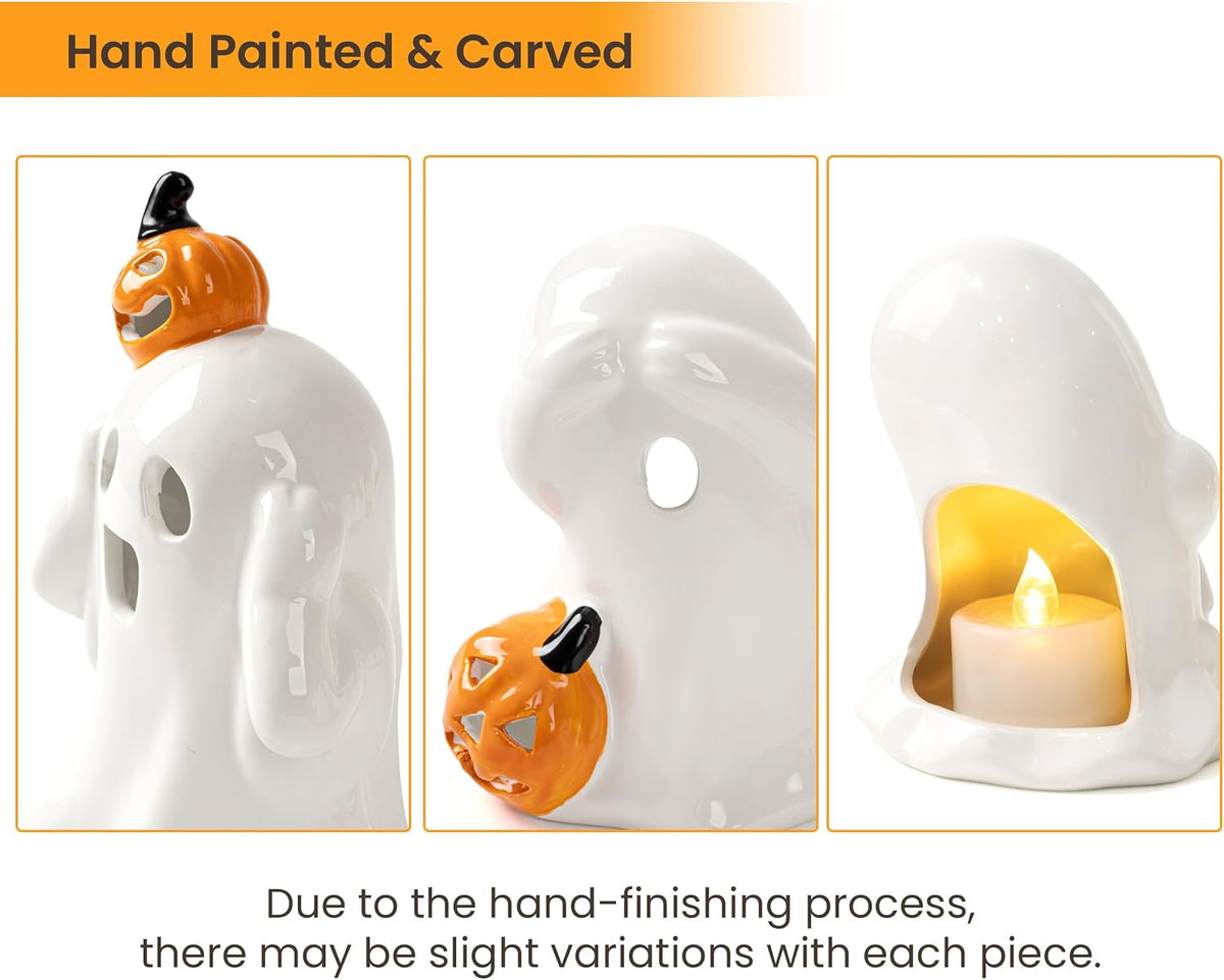 AELS Ceramic Ghost Candle Holder Set of 3, Halloween Tea Light Decor