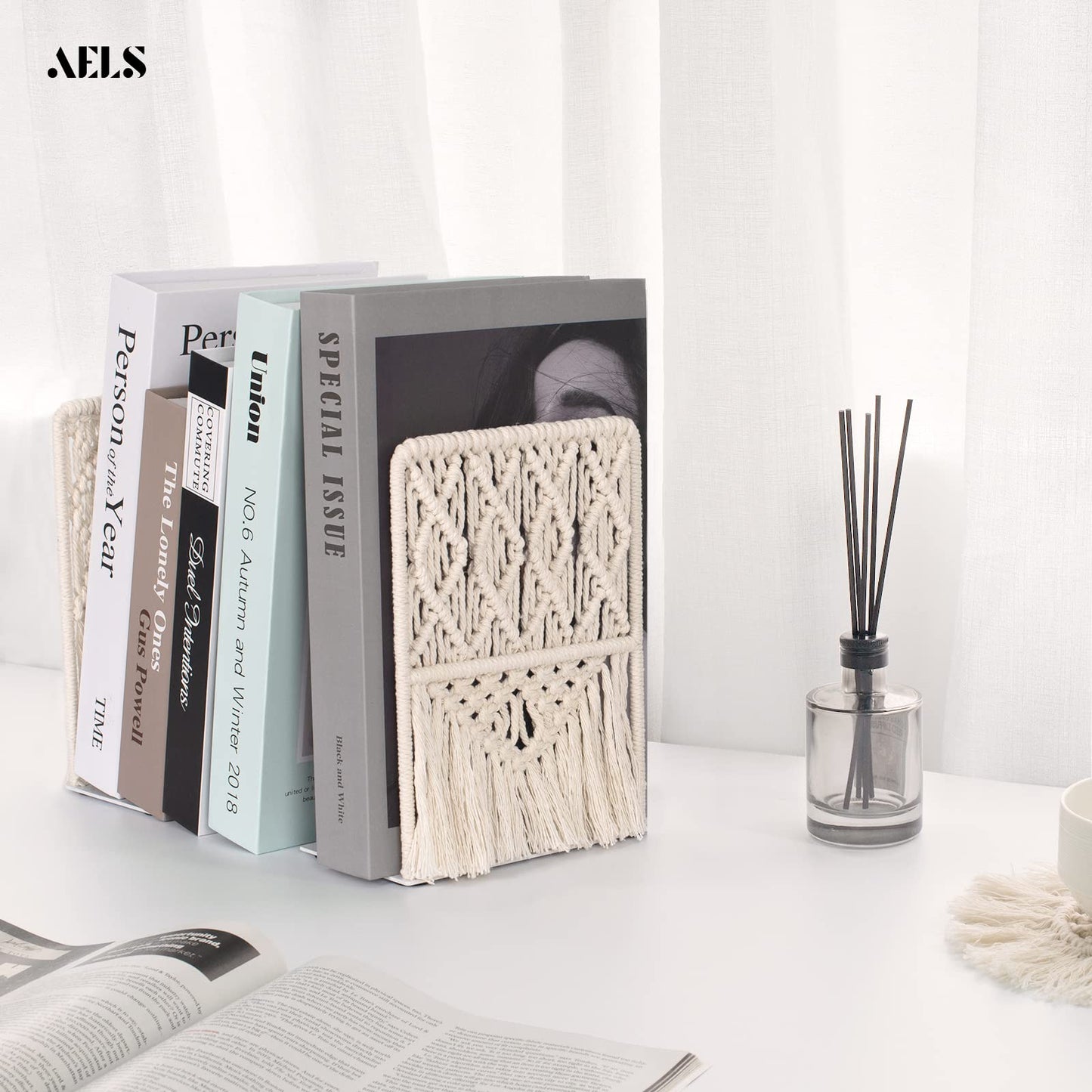 Boho Macrame Bookends, Heavy Duty Metal Book Ends, Decorative Unique Bookend Supports for Shelves, Stopper for Books/Movies/CD, Farmhouse Decoration,Thanksgiving for Friends