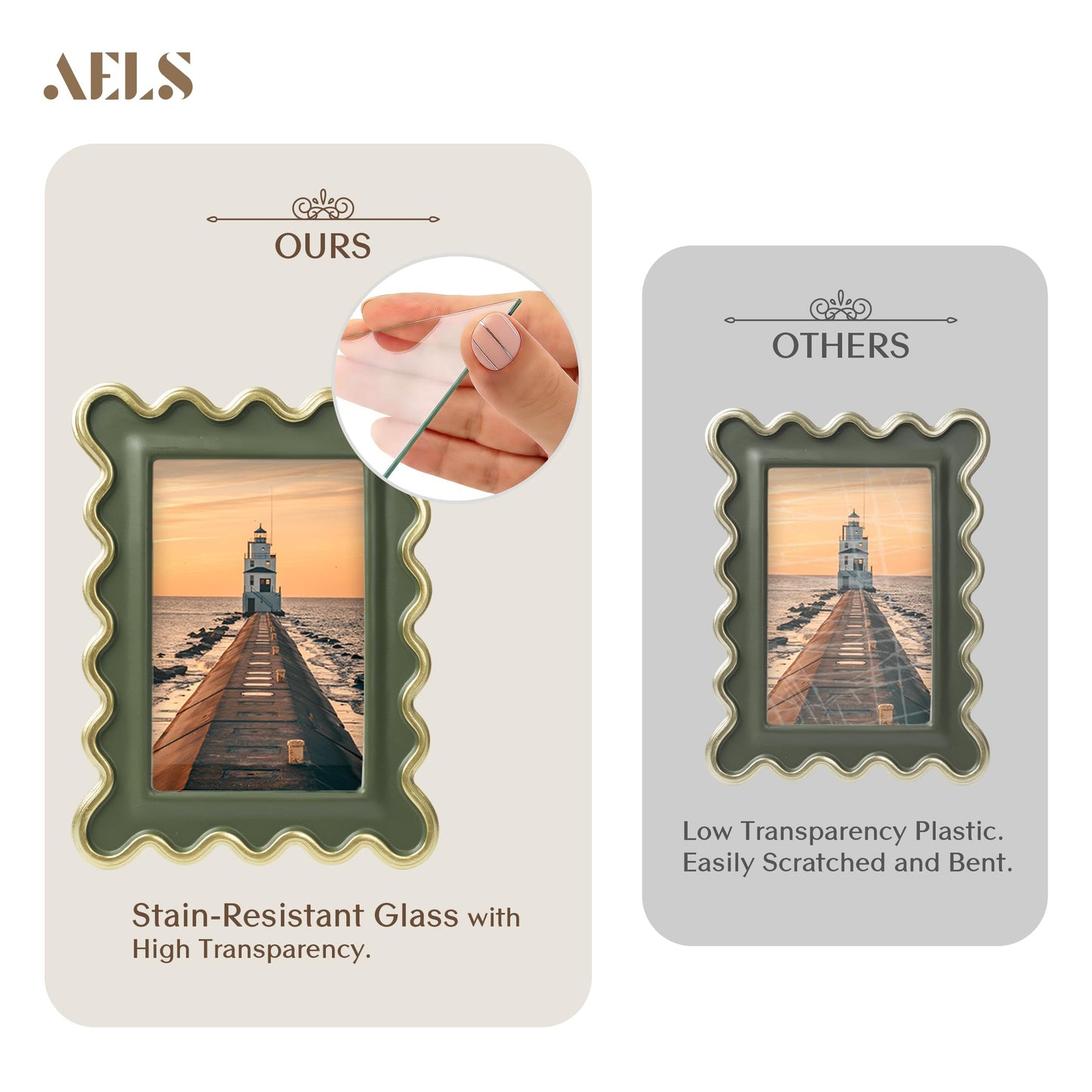 AELS 4x6 Inch Vintage Scalloped Picture Frame, Mid Century Modern Antique Photo Frames with Glass Front, Photo Display, Tabletop Wall Hanging, Gift Ideas, Dark Walnut