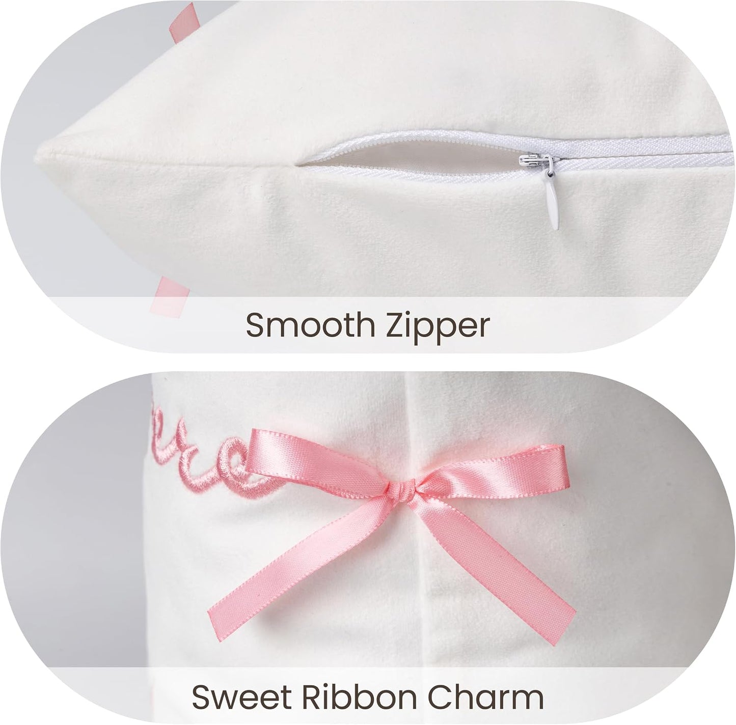 Bow Pillow Cover, Text Design Velvet Bowknot Decorative Pillow Covers for Valentine's Day, Wedding, Christmas, Living Room, Bedroom, Nursery Decor, 18x18 Inch, Love Lives Here, Pink Cream White