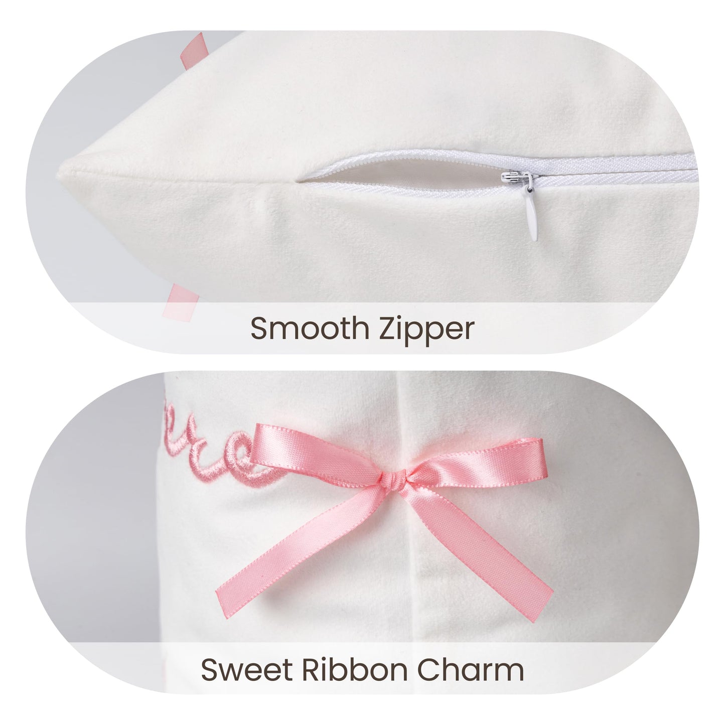 Bow Pillow Cover, Text Design Velvet Bowknot Decorative Pillow Covers for Valentine's Day, Wedding, Christmas, Living Room, Bedroom, Nursery Decor, 18x18 Inch, Love Lives Here, Pink Cream White