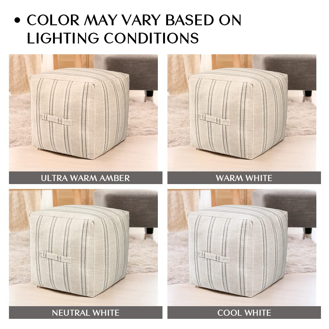 AELS Unstuffed Farmhouse Pouf Cover for Living Room, Boho Storage Bean Bag Cubes, Beige with Brown Stitch Yarn Dyed Stripe Square Ottoman Pouf Foot Rest Footstool, 18"x18"x18", Cover ONLY