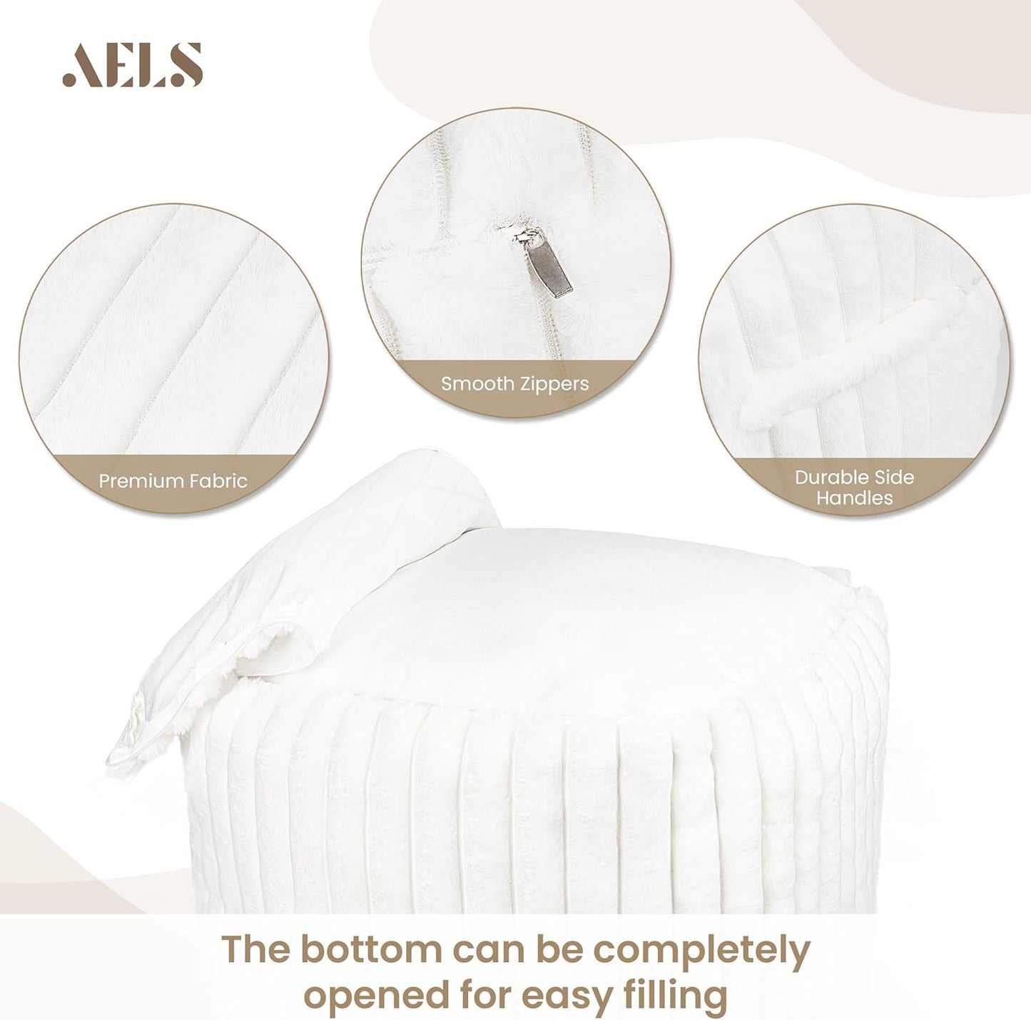 AELS Unstuffed Modern Pouf Cover for Living Room, Mid Century Modern Storage Bean Bag Cubes, Creamy White Faux Fur Plush Sripe Square Ottoman Pouf Foot Rest Footstool, 18"x18"x18", Cover ONLY