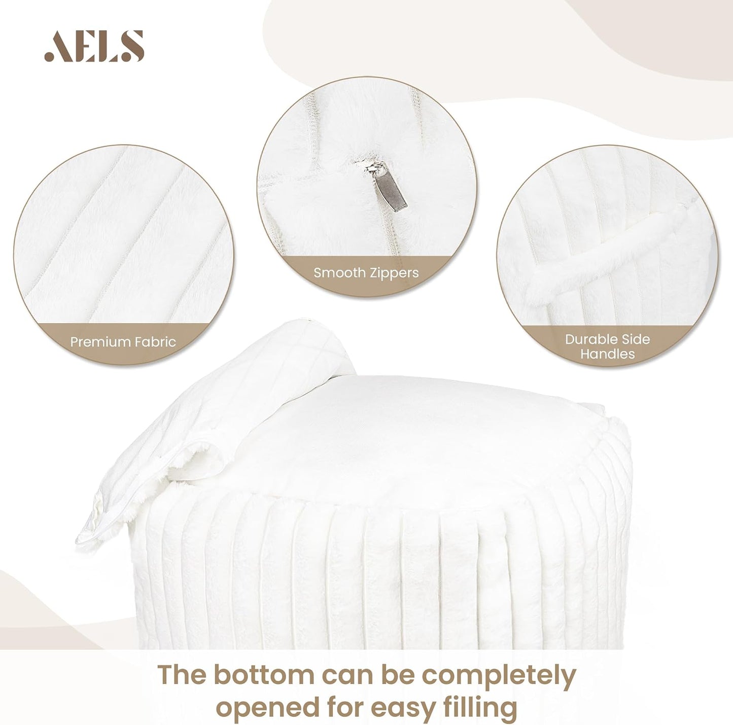 Unstuffed Modern Pouf Cover for Living Room, Mid Century Modern Storage Bean Bag Cubes, Creamy White Faux Fur Plush Sripe Square Ottoman Pouf Foot Rest Footstool, 18"x18"x18", Cover ONLY