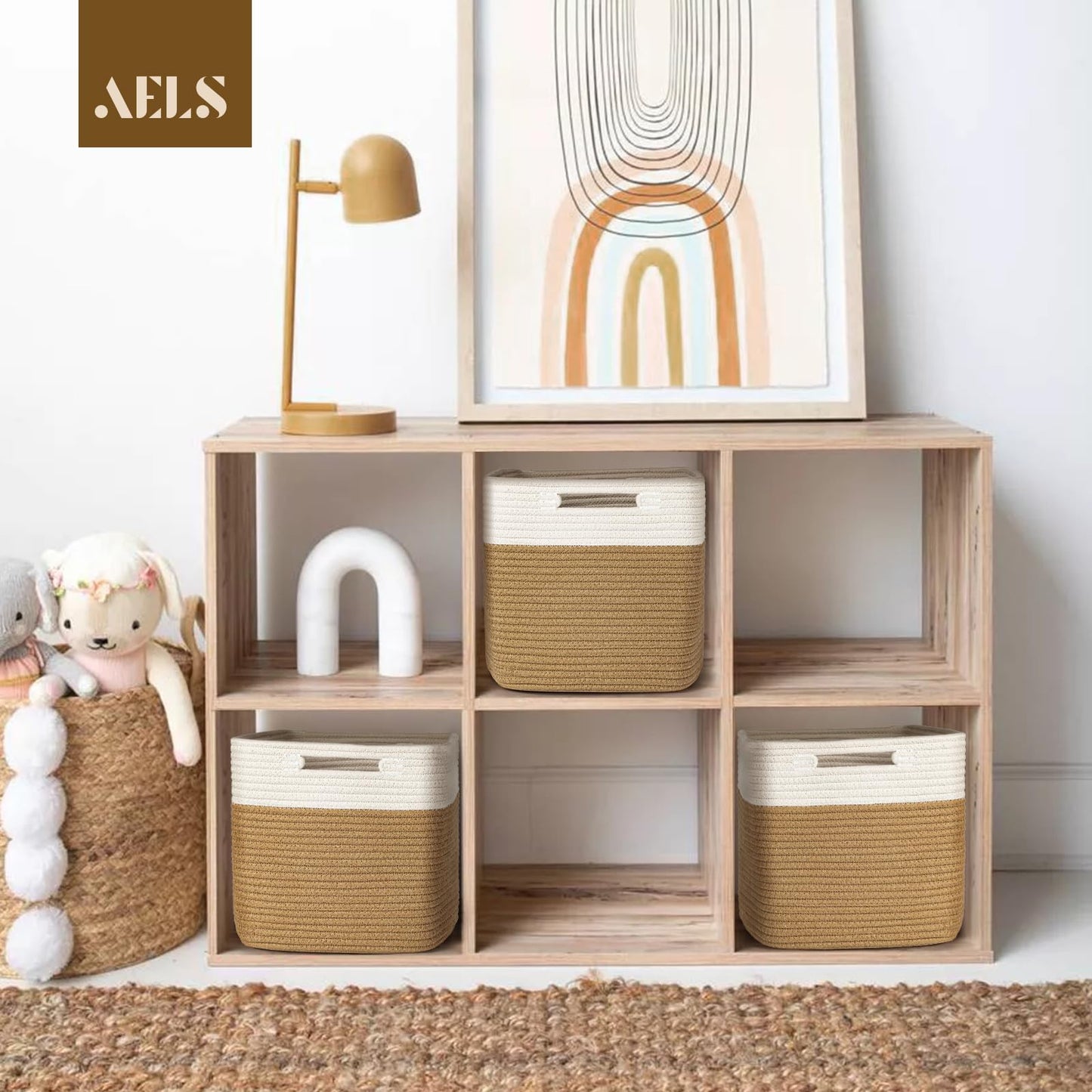 Hand Woven Cotton Basket for Storage, Cube Storage Bins with Handles, Foldable Collapsible Closet Organizers and Storage, Boho Farmhouse Storage Cubes for Shelves, Beige