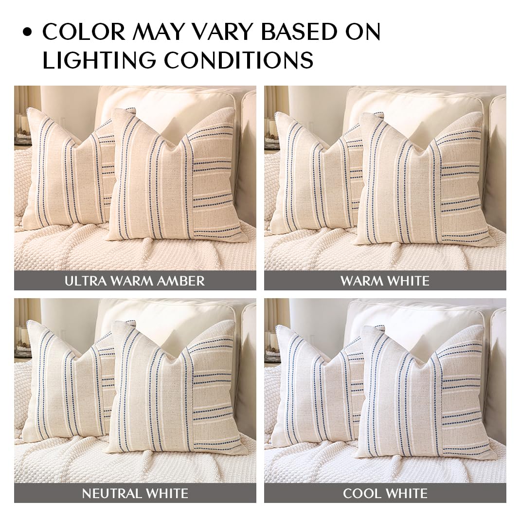AELS 12x20 Decorative Farmhouse Linen Throw Pillow Covers, Boho Rectangle Lumbar Pillow Case, Set of 2, Beige with White & Gray Stripe Patchwork Cushion Cover for Sofa Couch Living Room (Cover ONLY)