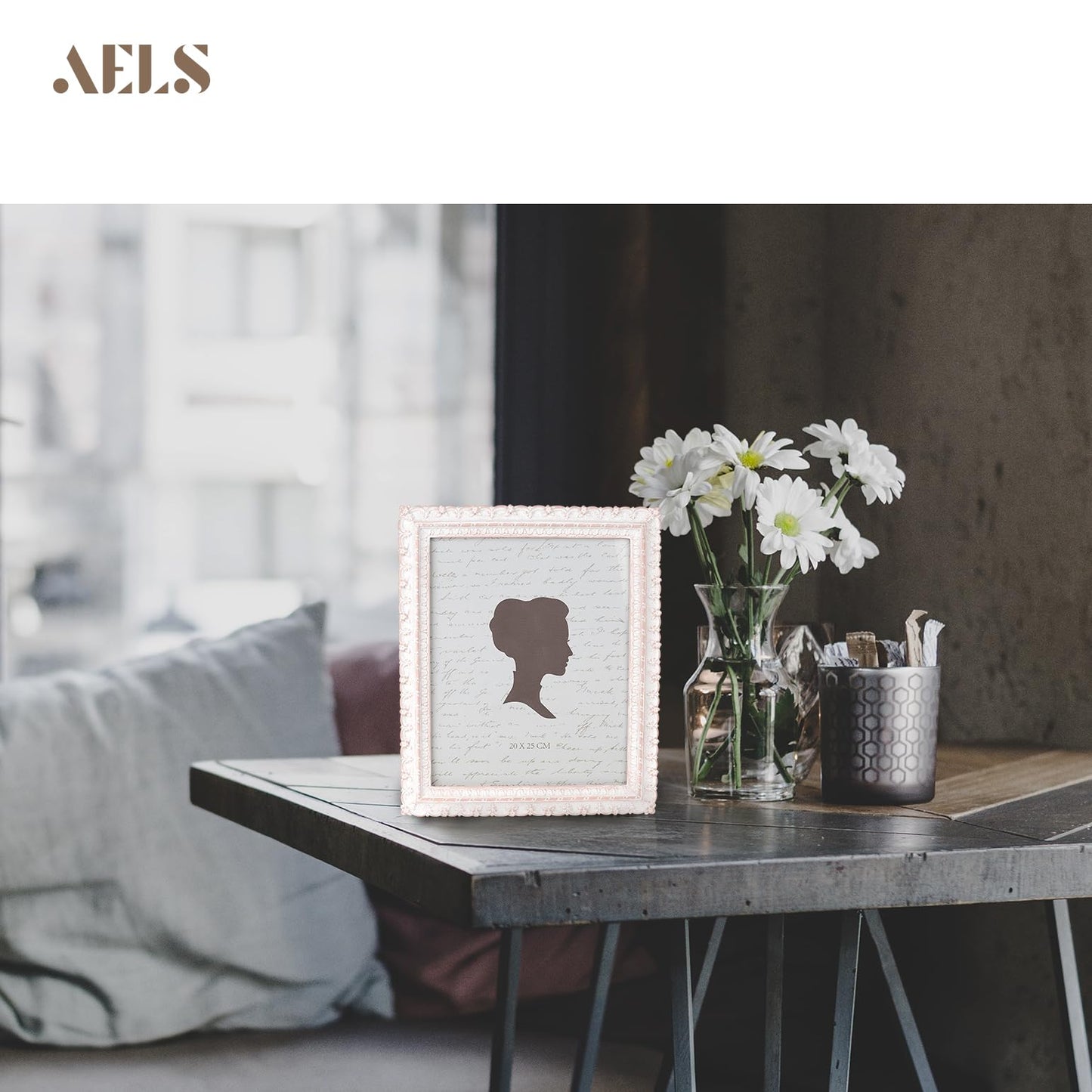 AELS 5x7 Inch Vintage Picture Frame, Elegant Antique Photo Frames with Glass Front, Photo Display, Tabletop Wall Hanging, Gift Ideas, White and Pink