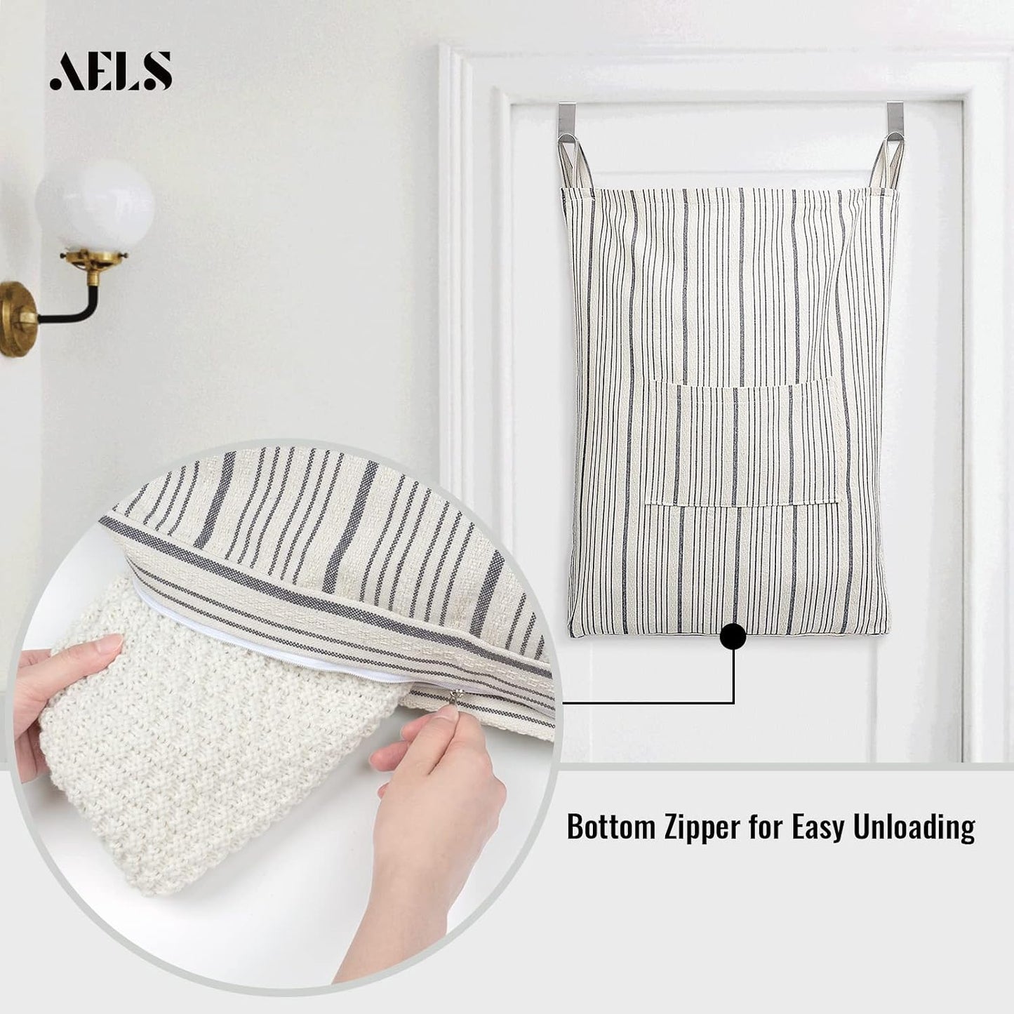 Farmhouse Hanging Laundry Hamper with 2 Hooks, Washable Beige & Stripes Laundry Bag with Zipper & Wide Open Top, Over the Door Organizer for Dirty Clothes, Space Saving Storage