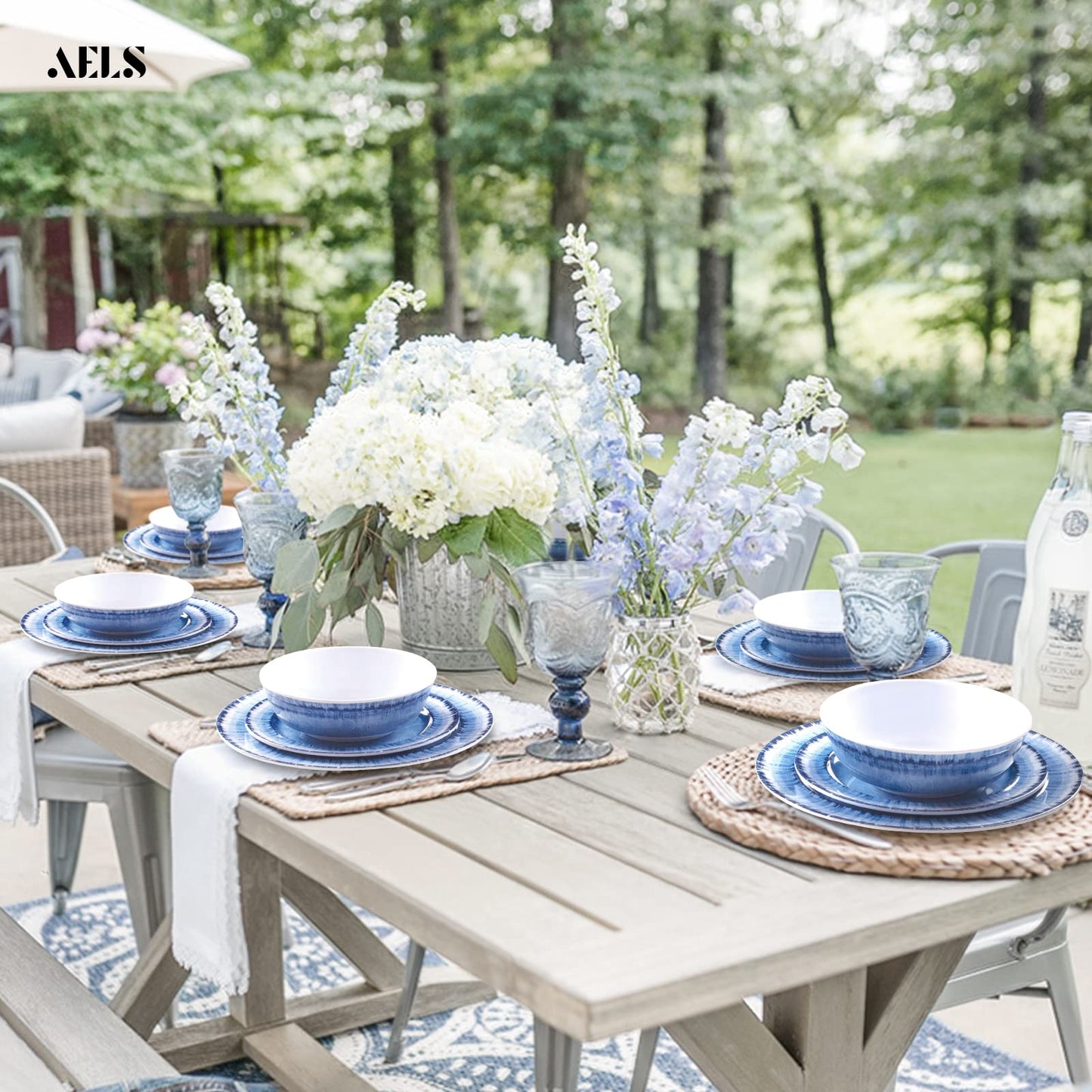 AELS Melamine Dinnerware Set of 12 Pcs Dinner Dishes Set for Indoor and Outdoor Use, Dishwasher Safe, Lightweight Unbreakable, BPA Free, Light Blue