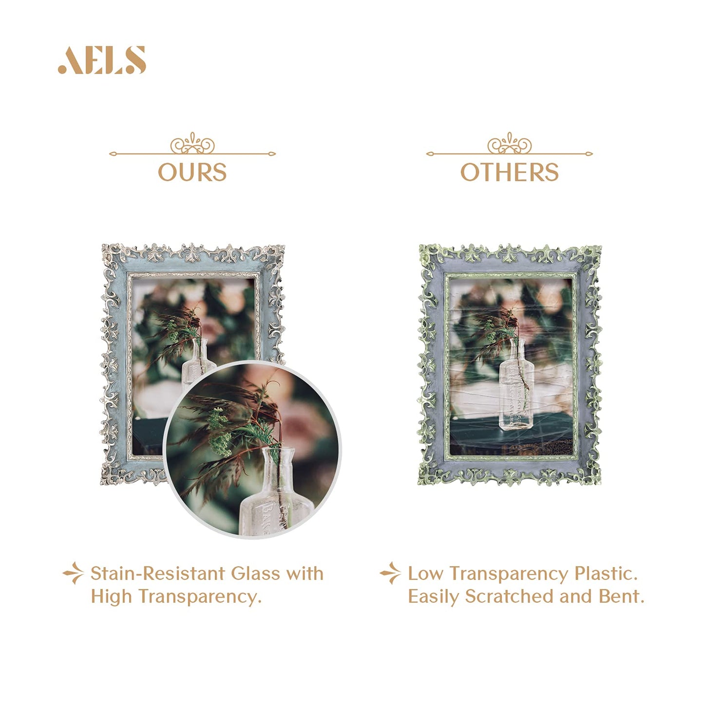 AELS 4x6 Inch Vintage Picture Frame, Elegant Antique Photo Frames with Glass Front, Photo Display, Tabletop Wall Hanging, Gift Ideas, Vine Pattern, Silver & Light Blue