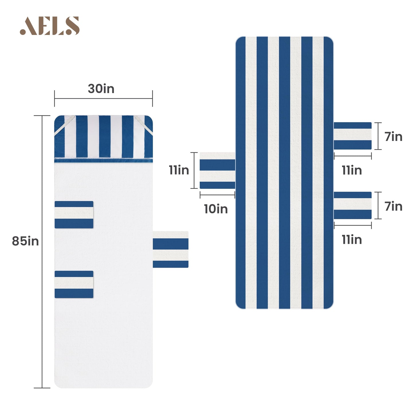 Lounge Chair Towel Cover, Pack of 2 - Microfiber Beach Towels with Pockets, Fits Outdoor Garden Beach Hotel Pool Chairs, Non-Slip & Portable Design, 85" X 30", Ombre Blue Stripes