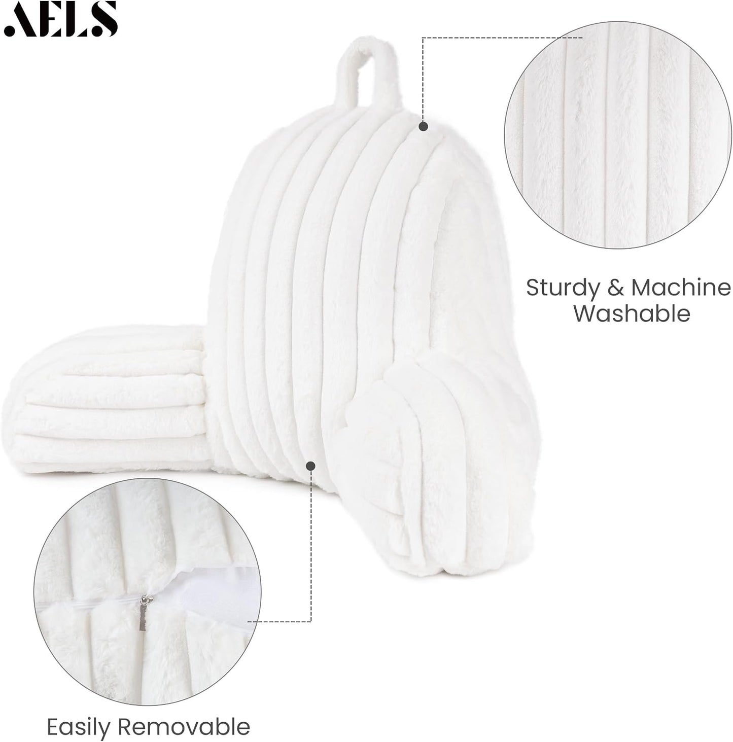Large Reading Pillow Replacement Cover with Arms and Pockets (Cover ONLY), 18" Soft Faux Fur Striped Backrest Pillow Cover Fits Standard Size Reading Pillows, Cream White