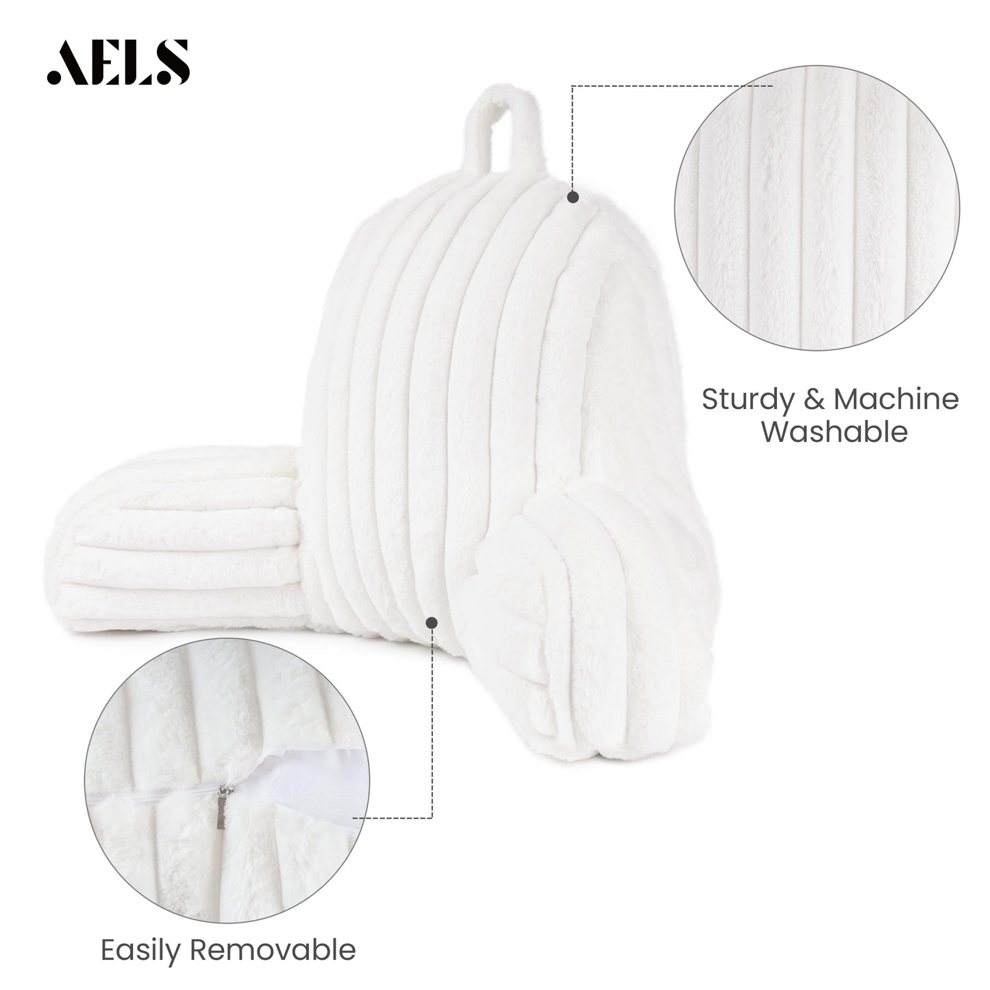 AELS Large Reading Pillow Replacement Cover with Arms and Pockets (Cover ONLY), 18" Soft Faux Fur Striped Backrest Pillow Cover Fits Standard Size Reading Pillows, Cream White