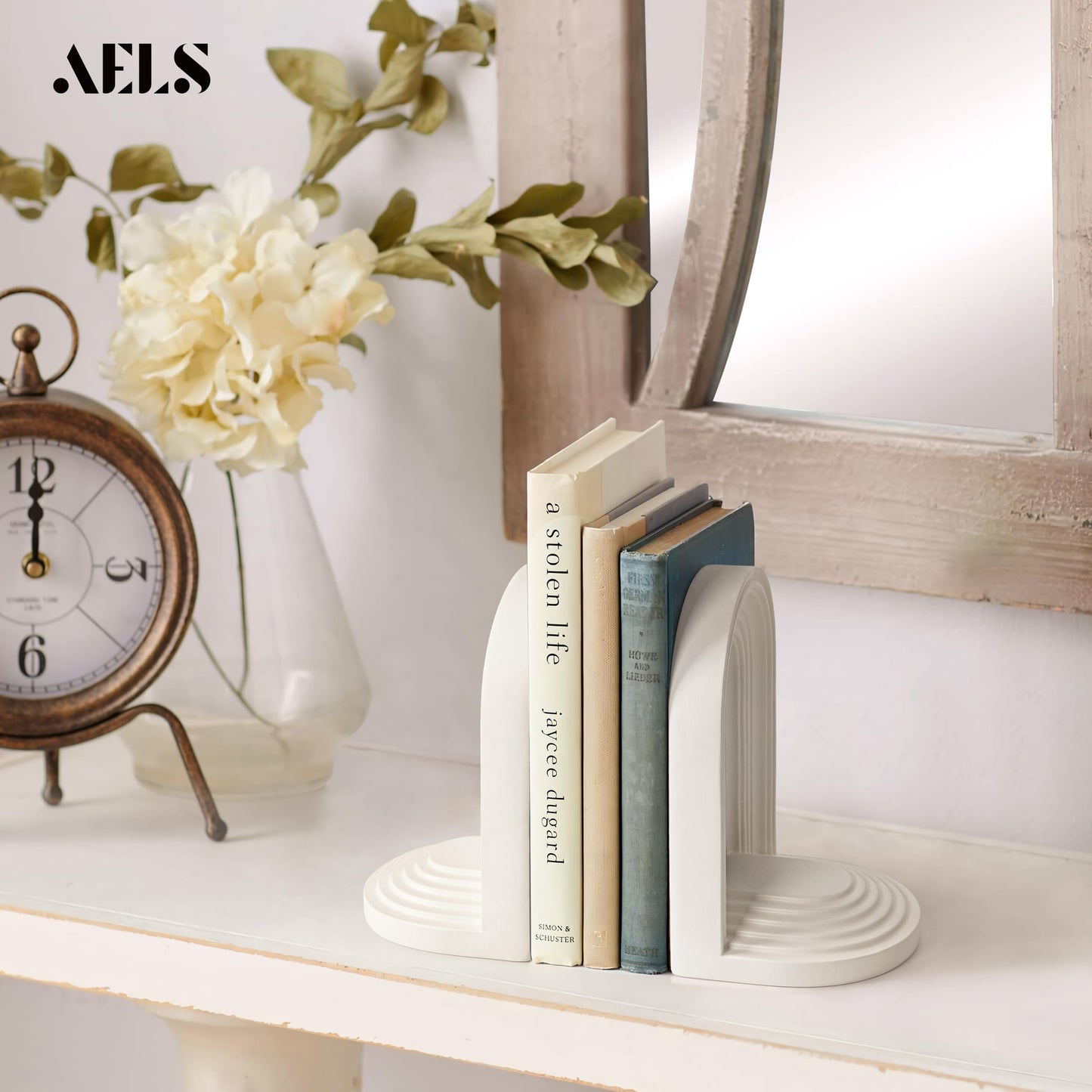 AELS Mordern Bookends, Mid Century Arch Heavy Duty Book Ends, Unique Decorative Bookend Supports for Shelves, Office Desktop Book Stand, Stopper for Books/Movies/CD, Cream