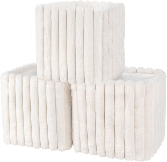 Faux Fur Striped Storage Baskets, 11" Soft Plush Cube, Foldable Decorative Organizers for Closet or Shelves, Cozy Mid Century Style Storage Bins for Home Décor, Set of 3, Cream White