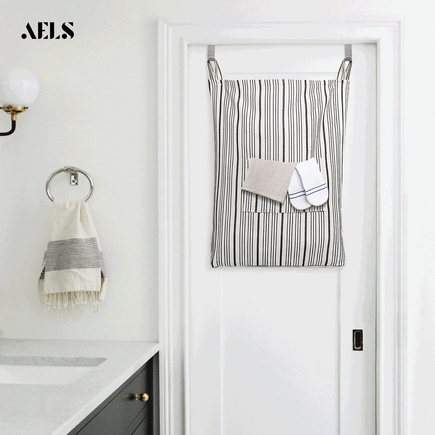 Farmhouse Hanging Laundry Hamper with 2 Hooks, Washable Beige & Stripes Laundry Bag with Zipper & Wide Open Top, Over the Door Organizer for Dirty Clothes, Space Saving Storage