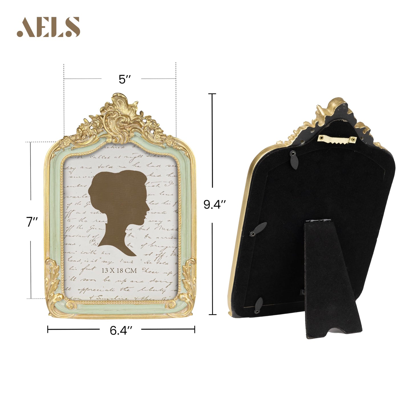 AELS 5x7 Inch Vintage Picture Frame, Elegant Antique Photo Frames with Glass Front, Photo Display, Tabletop Wall Hanging, Gift Ideas, Gold and Sage Green