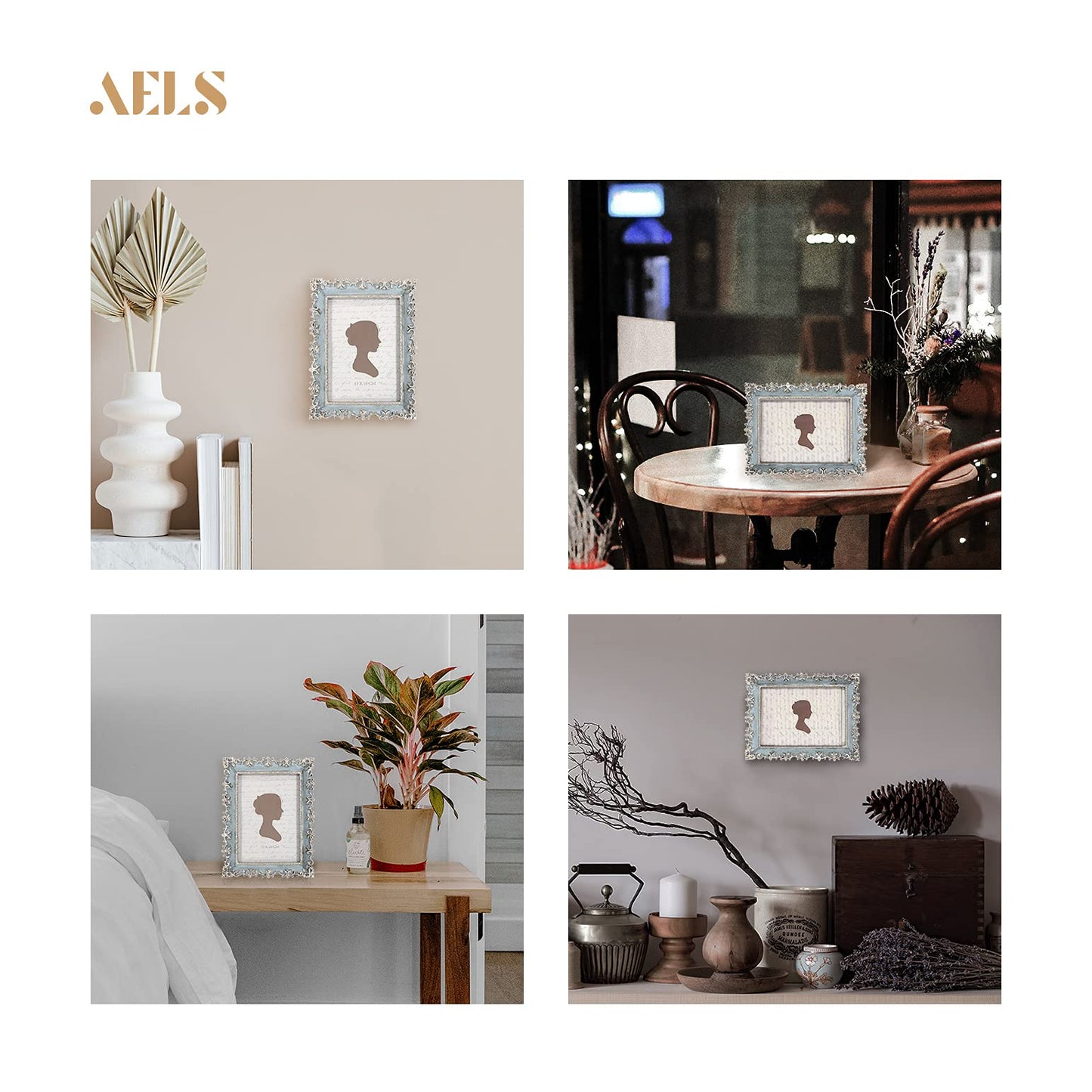 AELS 4x6 Inch Vintage Picture Frame, Elegant Antique Photo Frames with Glass Front, Photo Display, Tabletop Wall Hanging, Gift Ideas, Vine Pattern, Silver & Light Blue