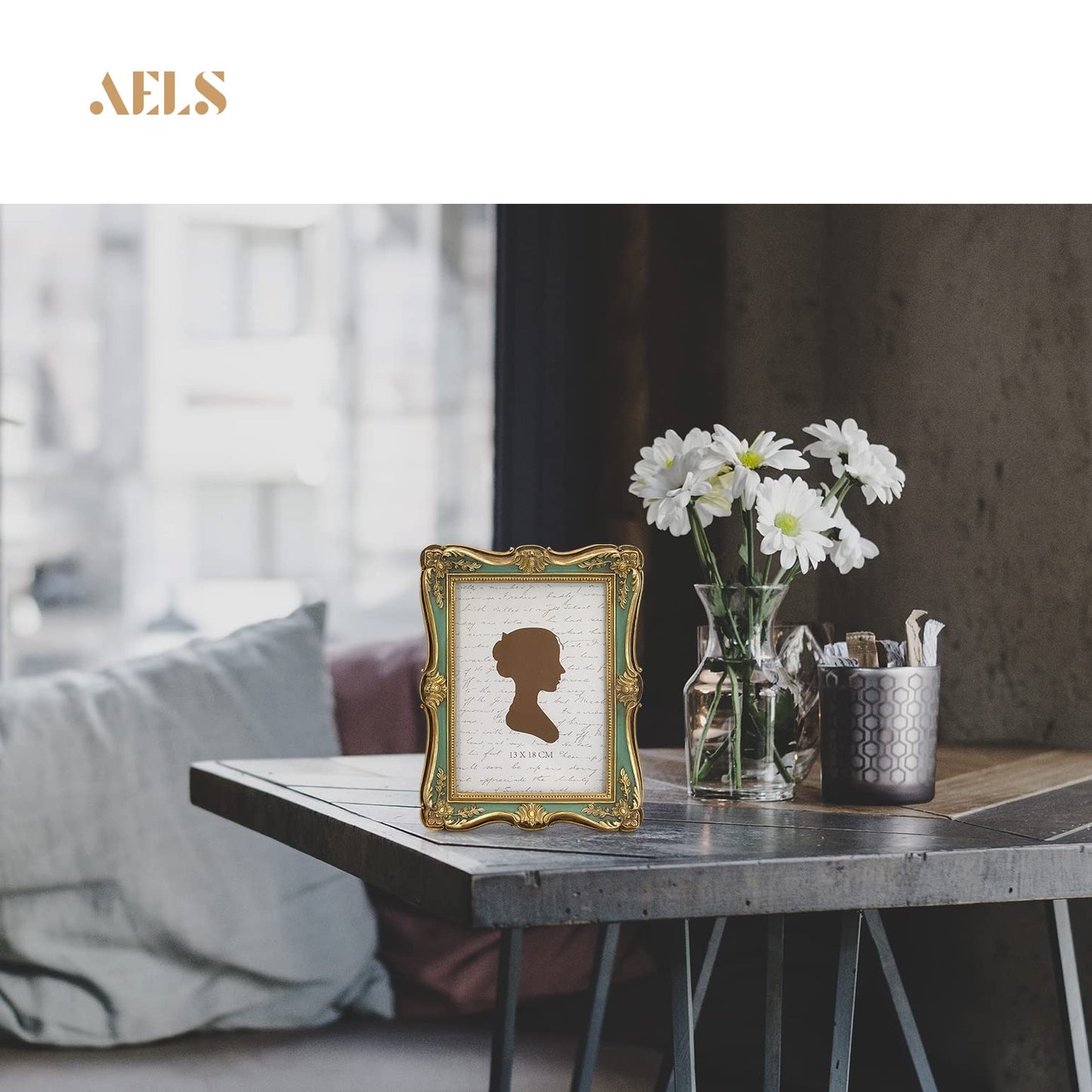 AELS 4x6 Inch Vintage Picture Frame, Elegant Antique Photo Frames with Glass Front, Photo Display, Tabletop Wall Hanging, Gift Ideas, Gold and Green