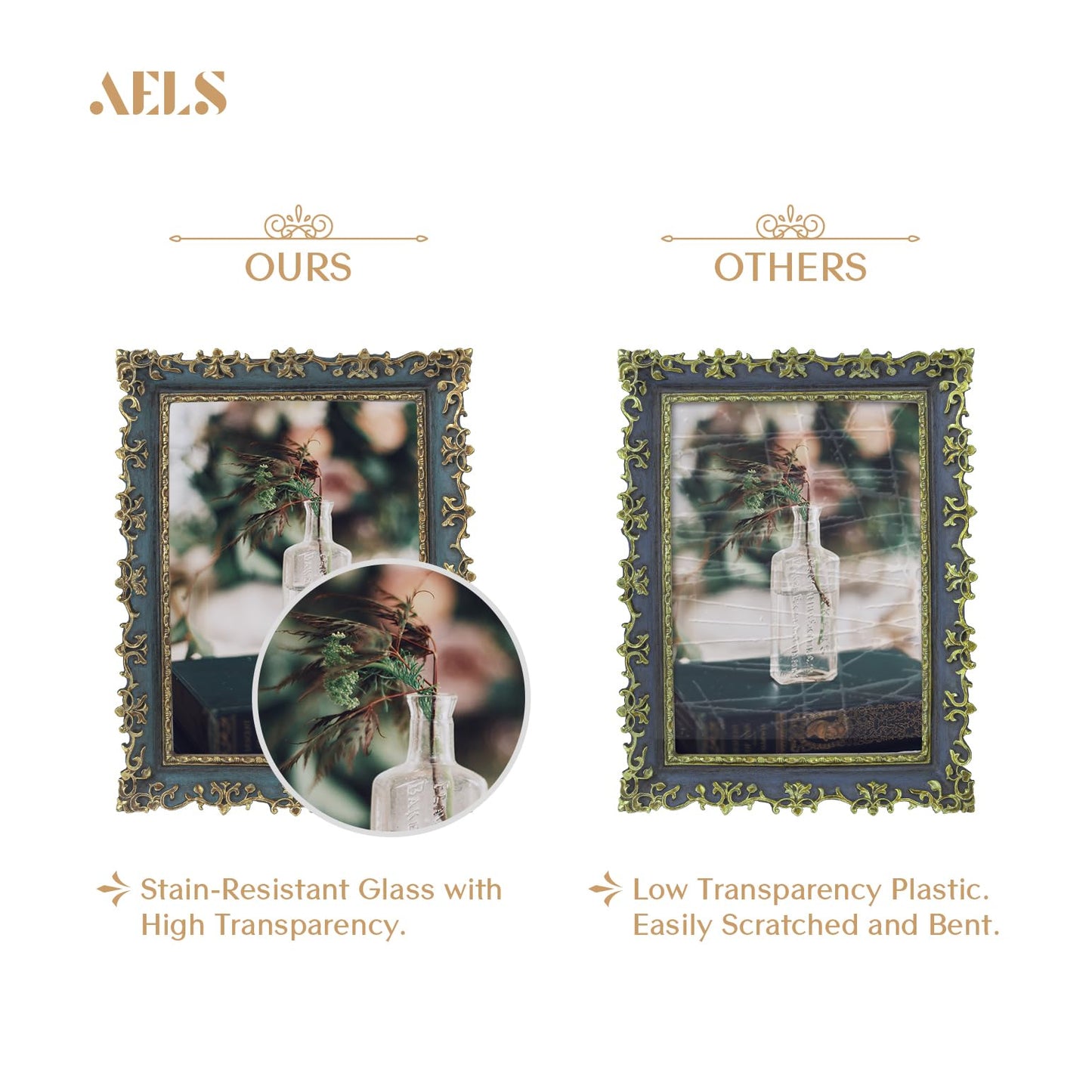 AELS 4x6 Inch Vintage Picture Frame, Elegant Antique Photo Frames with Glass Front, Photo Display, Tabletop Wall Hanging, Gift Ideas, Vine Pattern, Silver & Light Blue