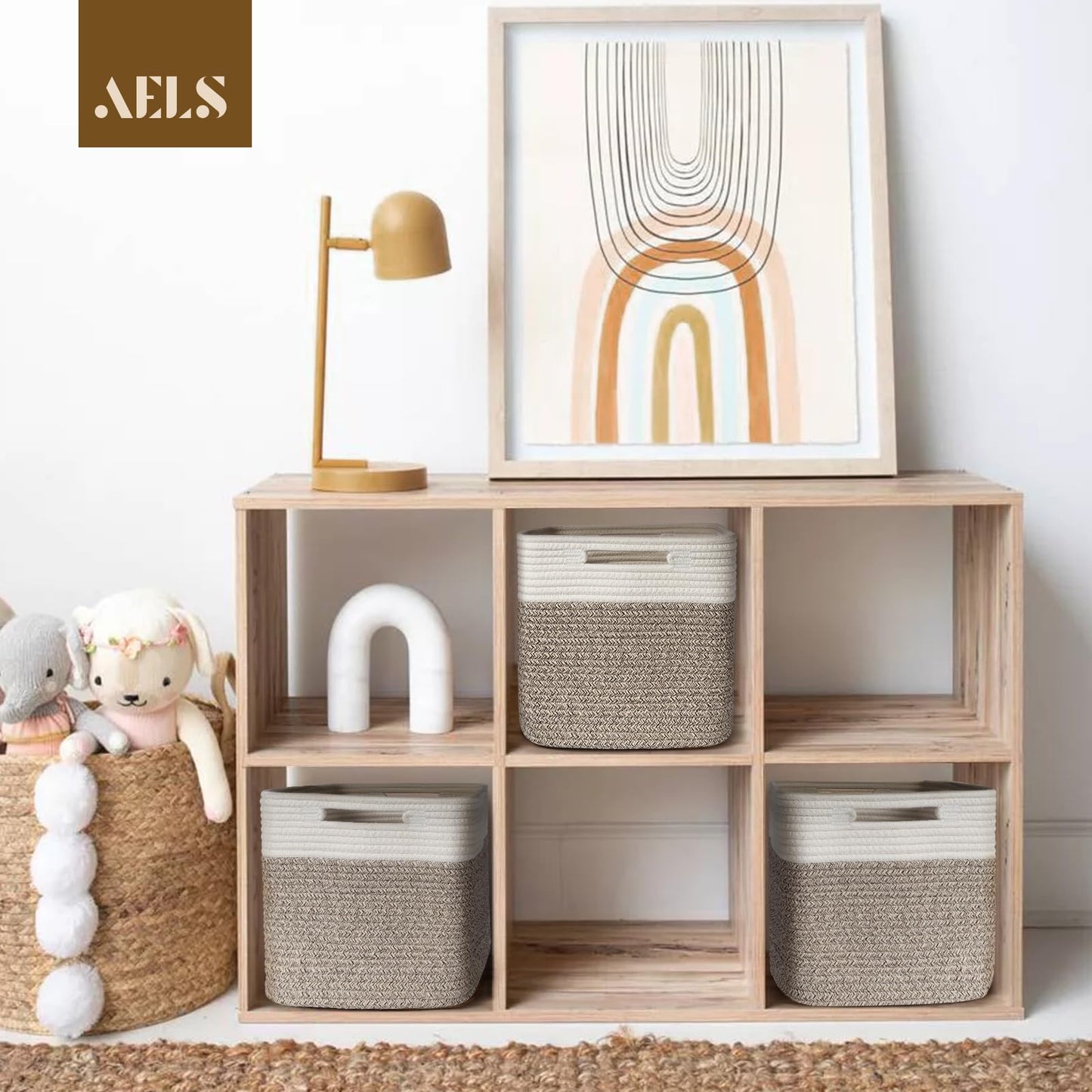 Hand Woven Cotton Basket for Storage, Cube Storage Bins with Handles, Foldable Collapsible Closet Organizers and Storage, Boho Farmhouse Storage Cubes for Shelves, Beige