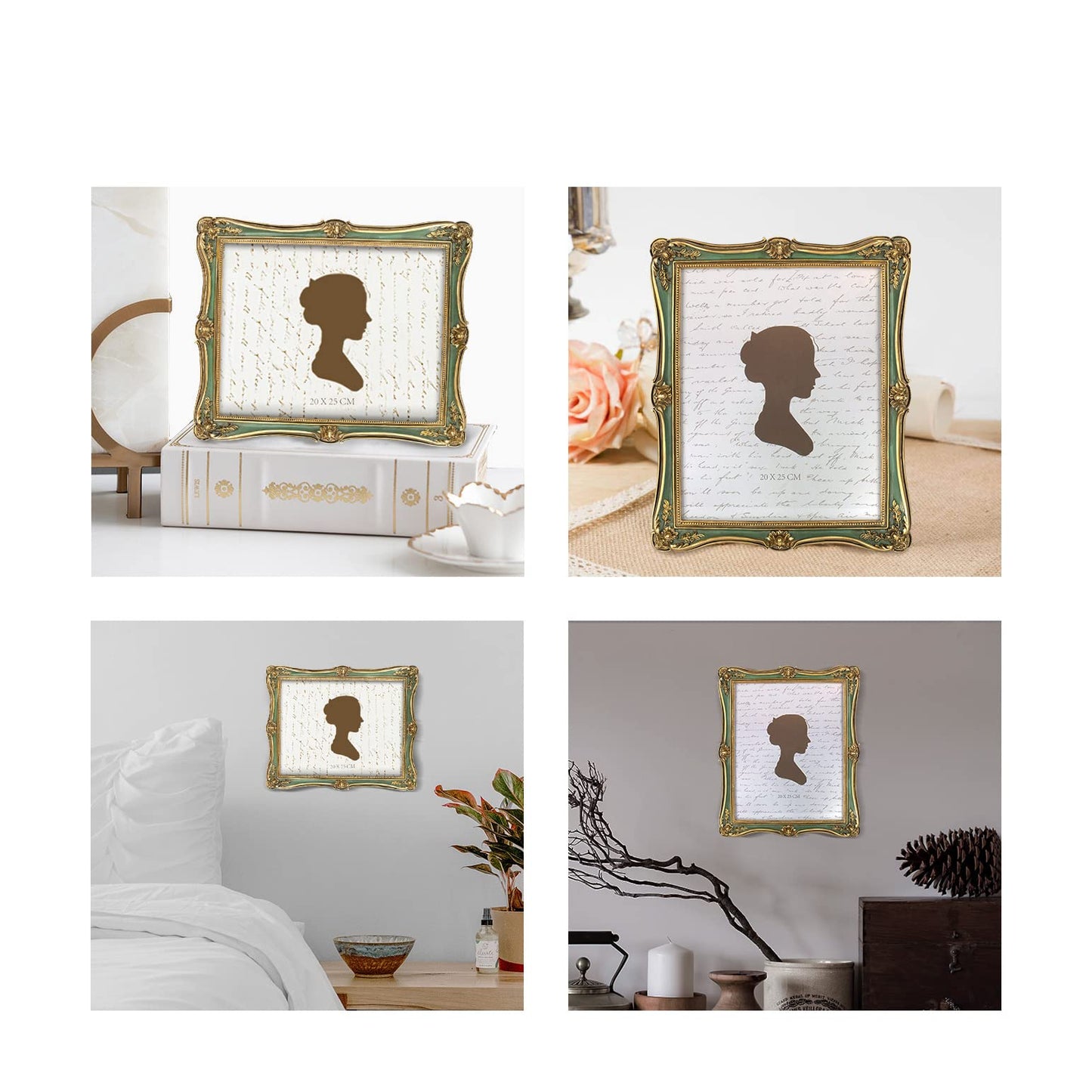 AELS 4x6 Inch Vintage Picture Frame, Elegant Antique Photo Frames with Glass Front, Photo Display, Tabletop Wall Hanging, Gift Ideas, Gold and Green
