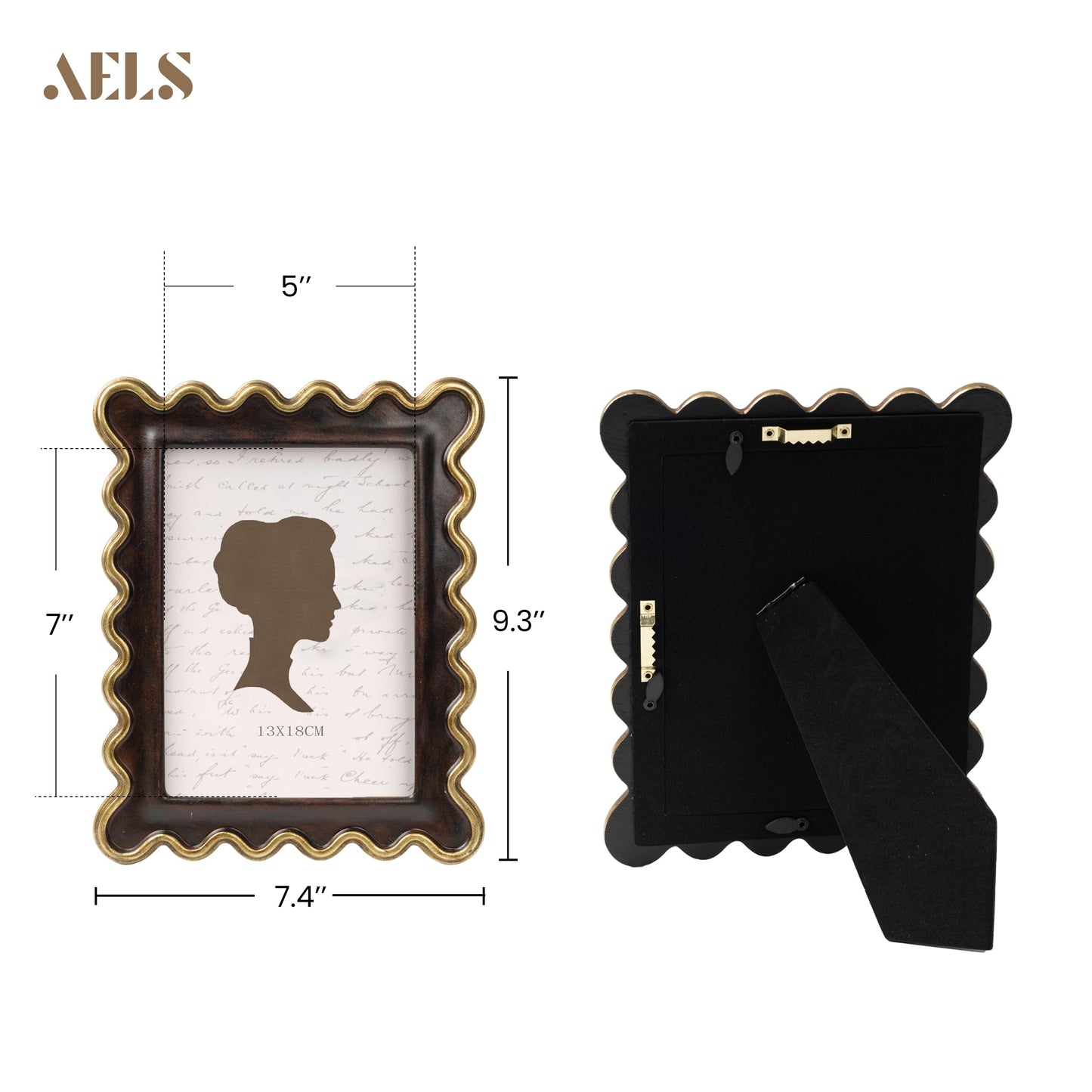 AELS 4x6 Inch Vintage Scalloped Picture Frame, Mid Century Modern Antique Photo Frames with Glass Front, Photo Display, Tabletop Wall Hanging, Gift Ideas, Dark Walnut
