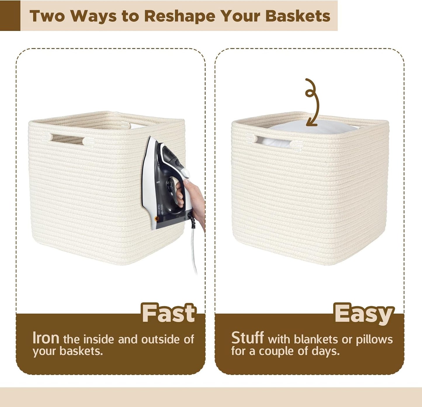 Hand Woven Cotton Basket for Storage, Cube Storage Bins with Handles, Foldable Collapsible Closet Organizers and Storage, Boho Farmhouse Storage Cubes for Shelves, Beige