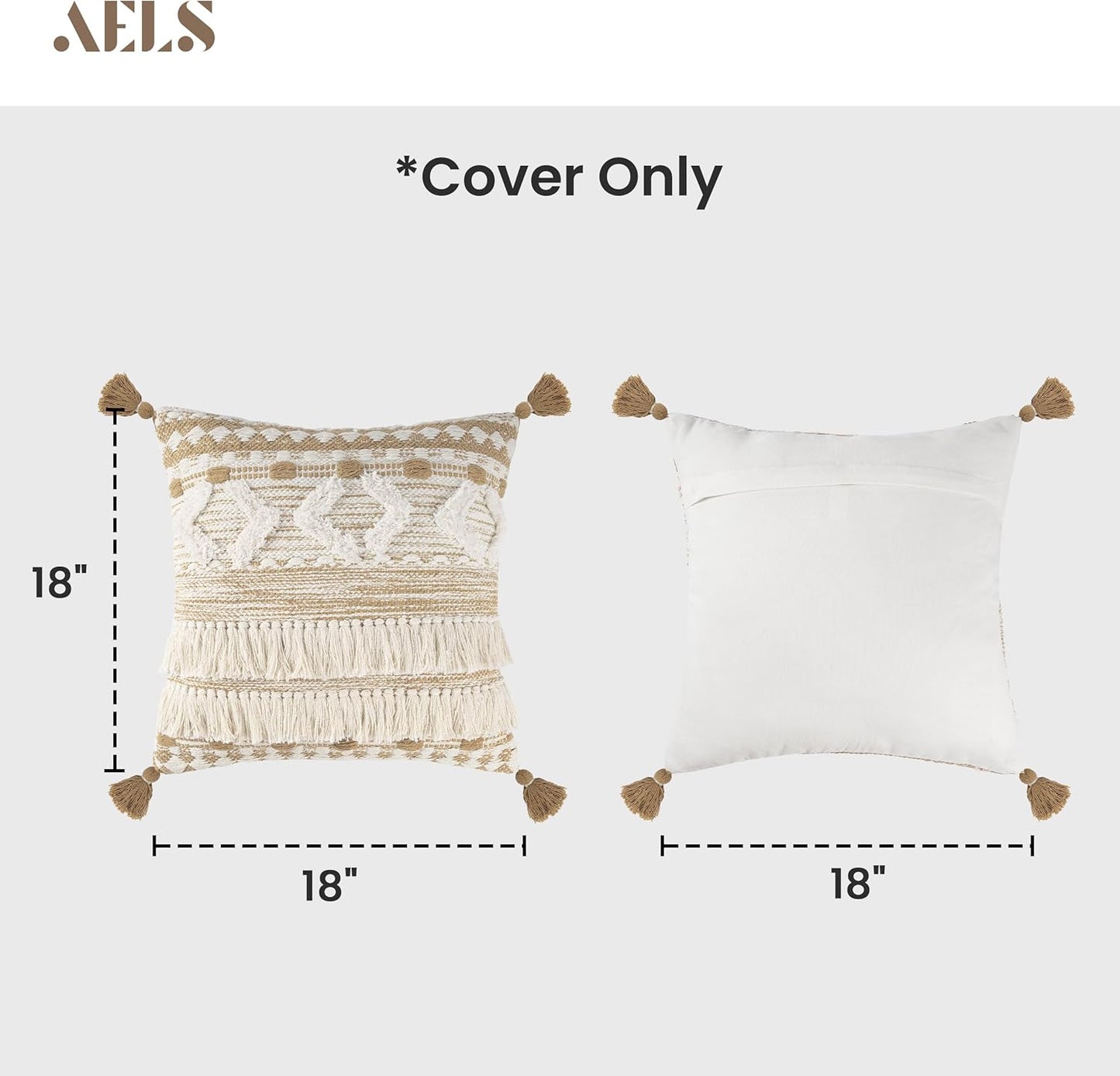 AELS Boho Decorative Throw Pillow Covers with Fringes and Tassels 18x18, Set of 2, Mid Century Tufted Accent Pillow Case, Woven Textured Modern Farmhouse Neutral Cushion Case for Bed Couch Sofa, Beige