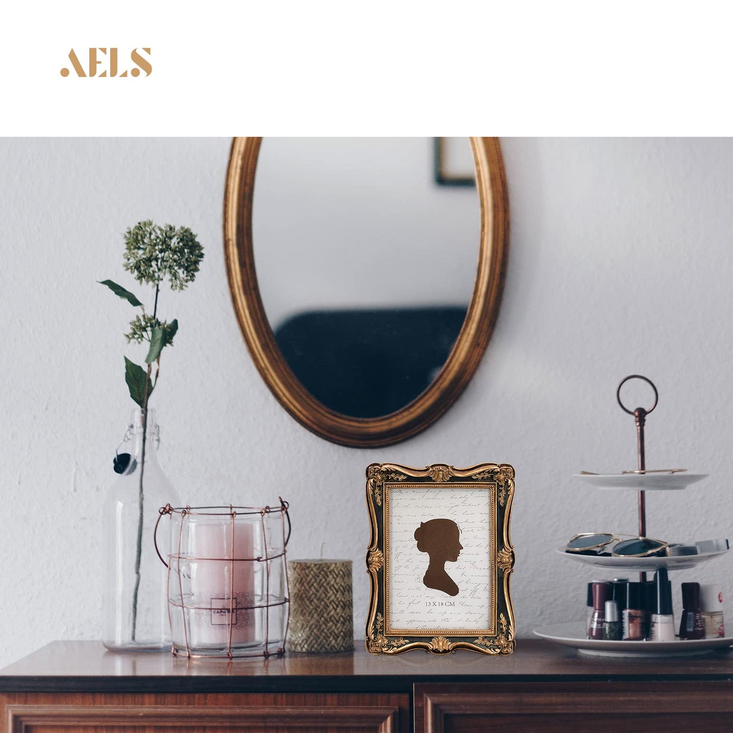 AELS 4x6 Inch Vintage Picture Frame, Elegant Antique Photo Frames with Glass Front, Photo Display, Tabletop Wall Hanging, Gift Ideas, Gold and Green
