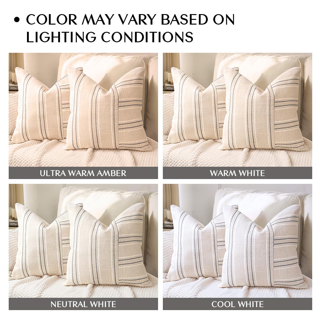 AELS 12x20 Decorative Farmhouse Linen Throw Pillow Covers, Boho Rectangle Lumbar Pillow Case, Set of 2, Beige with White & Gray Stripe Patchwork Cushion Cover for Sofa Couch Living Room (Cover ONLY)