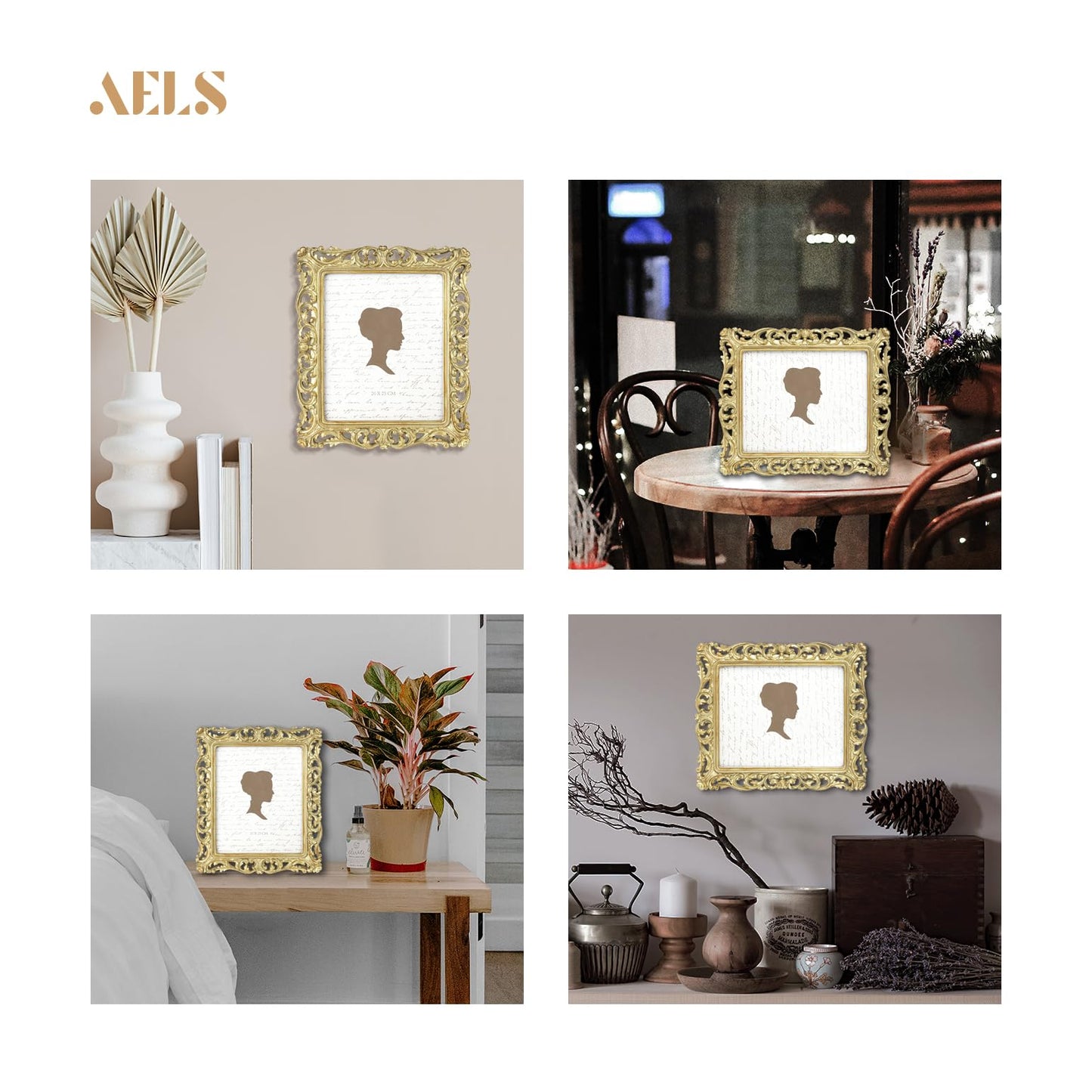 AELS 8x10 Inch Vintage Picture Frame, Elegant Antique Photo Frames with Glass Front, Photo Display, Tabletop Wall Hanging, Gift Ideas, Silver-gold Hollow Pattern