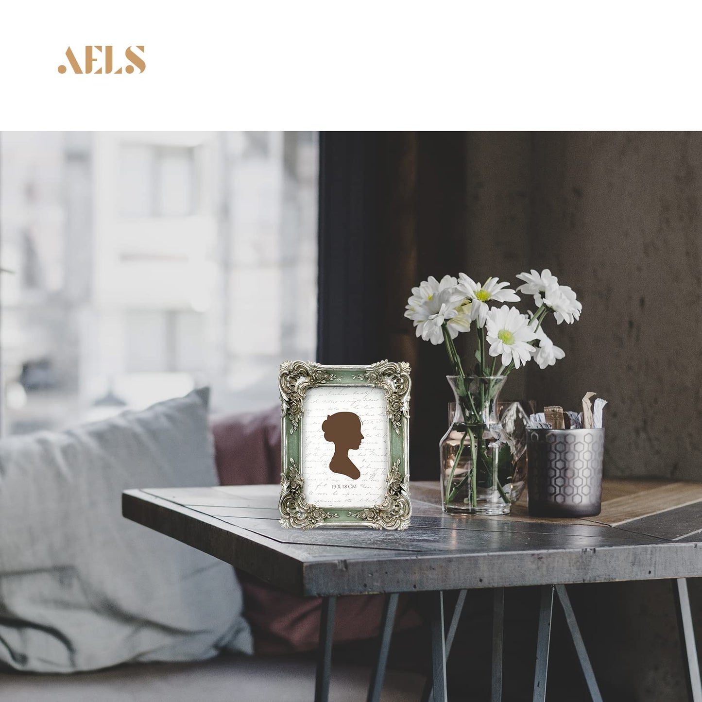 AELS 5x7 Inch Vintage Picture Frame, Elegant Antique Photo Frames with Glass Front, Photo Display, Tabletop Wall Hanging, Gift Ideas, Silver and Green