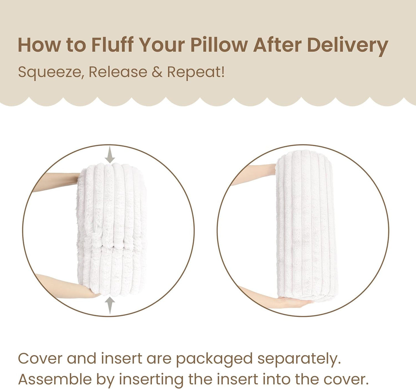AELS Faux Fur Striped Cylinder Pillows, 8" x 24" Decorative Modern Bolster Pillows with Removable Washable Cover and Insert, Body Pillow for Couch and Bed, Living Room Bedroom Nursery Decor, White