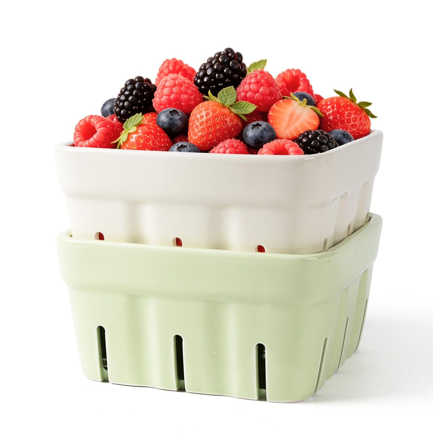 Ceramic Berry Basket, 5.9" Large Size Container for Fruit & Vegetables, Farmhouse Fruit Bowl, Strawberry Decor, Farmers Market, White Pink and Cute Strawberry Pattern, Stoneware Harvest Bowls for