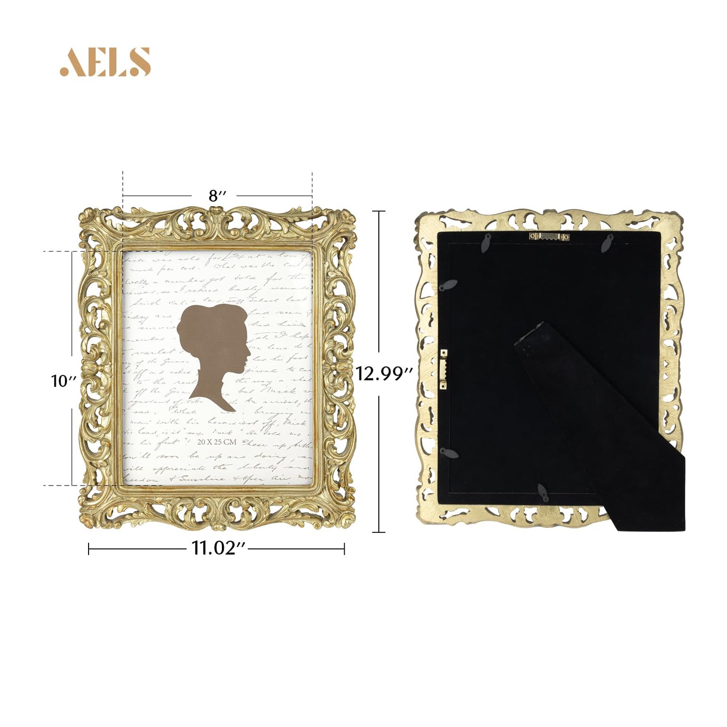 AELS 8x10 Inch Vintage Picture Frame, Elegant Antique Photo Frames with Glass Front, Photo Display, Tabletop Wall Hanging, Gift Ideas, Silver-gold Hollow Pattern