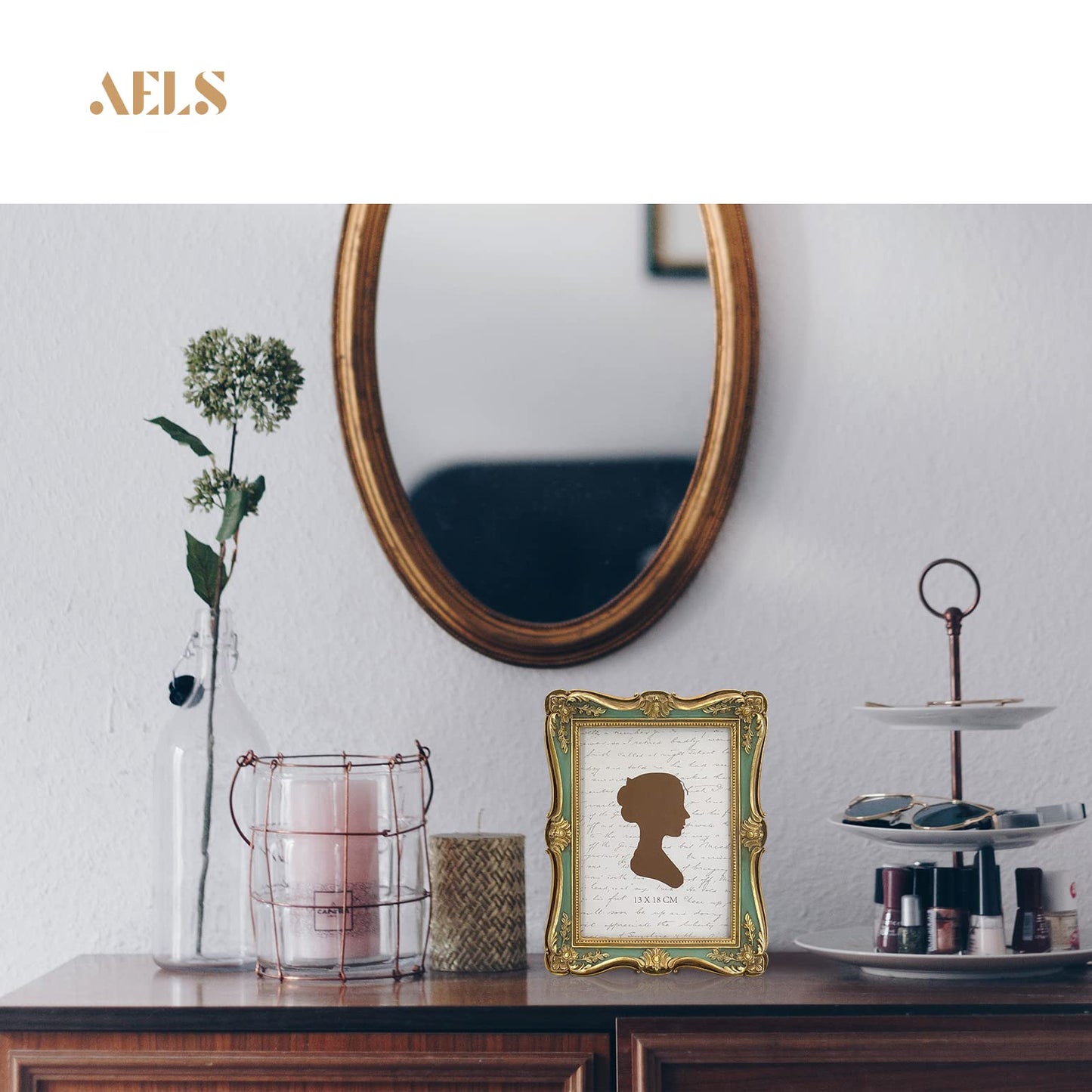 AELS 4x6 Inch Vintage Picture Frame, Elegant Antique Photo Frames with Glass Front, Photo Display, Tabletop Wall Hanging, Gift Ideas, Gold and Green
