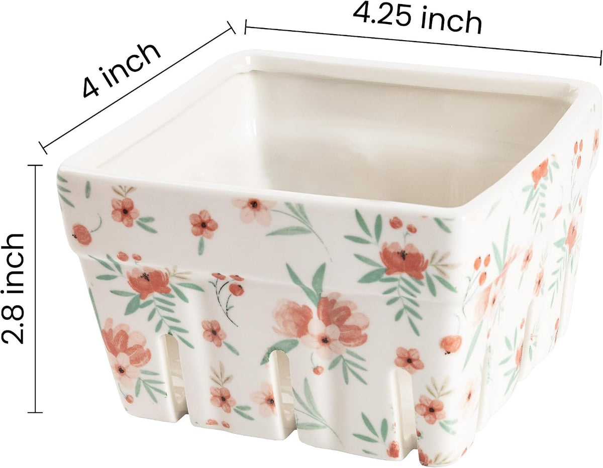 Ceramic Berry Basket, Farmhouse Fruit Bowl Container for Fruit & Vegetables, Farmers Market, Pink Floral Pattern, Kitchen Decor, Stoneware Harvest Bowls, Set of 4