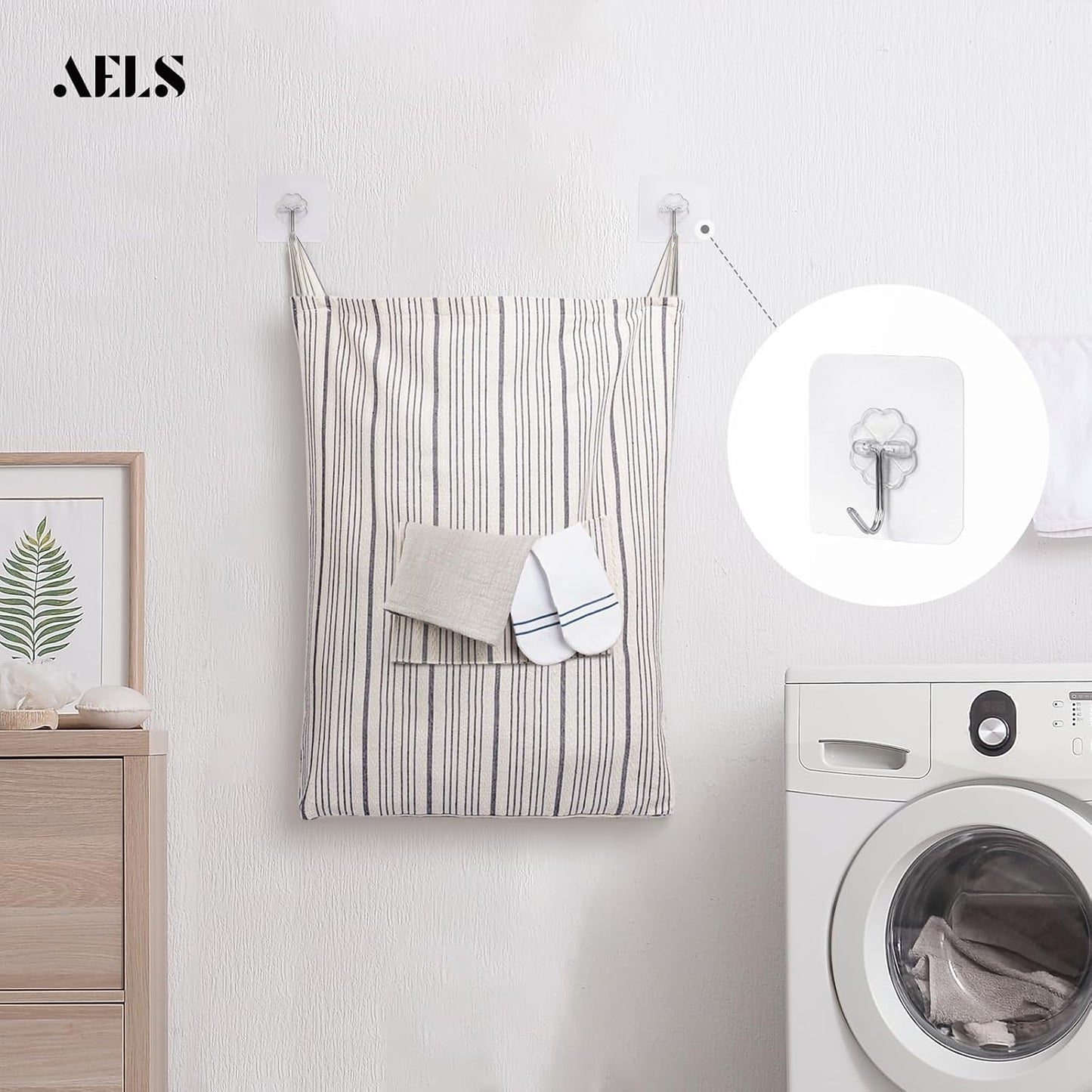 Farmhouse Hanging Laundry Hamper with 2 Hooks, Washable Beige & Stripes Laundry Bag with Zipper & Wide Open Top, Over the Door Organizer for Dirty Clothes, Space Saving Storage
