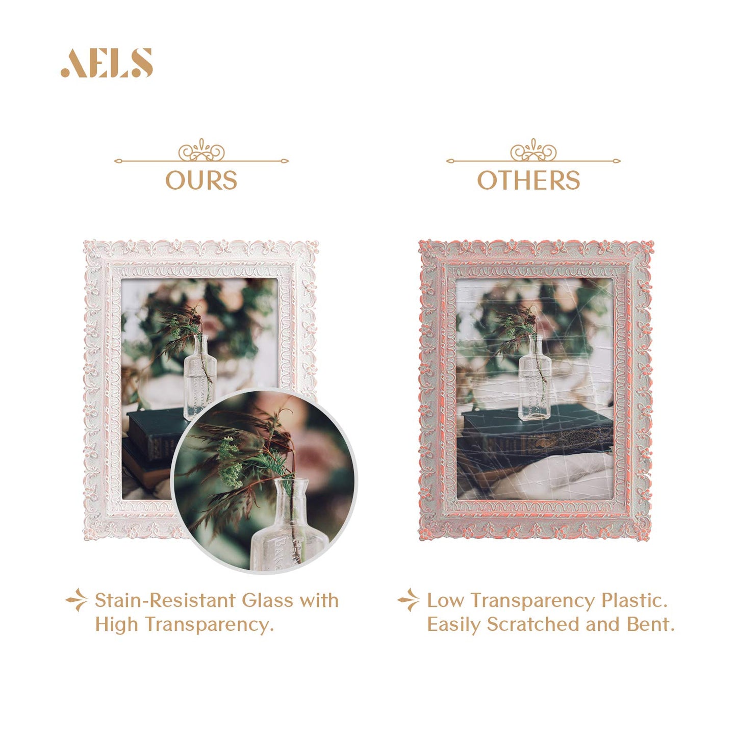AELS 5x7 Inch Vintage Picture Frame, Elegant Antique Photo Frames with Glass Front, Photo Display, Tabletop Wall Hanging, Gift Ideas, White and Pink