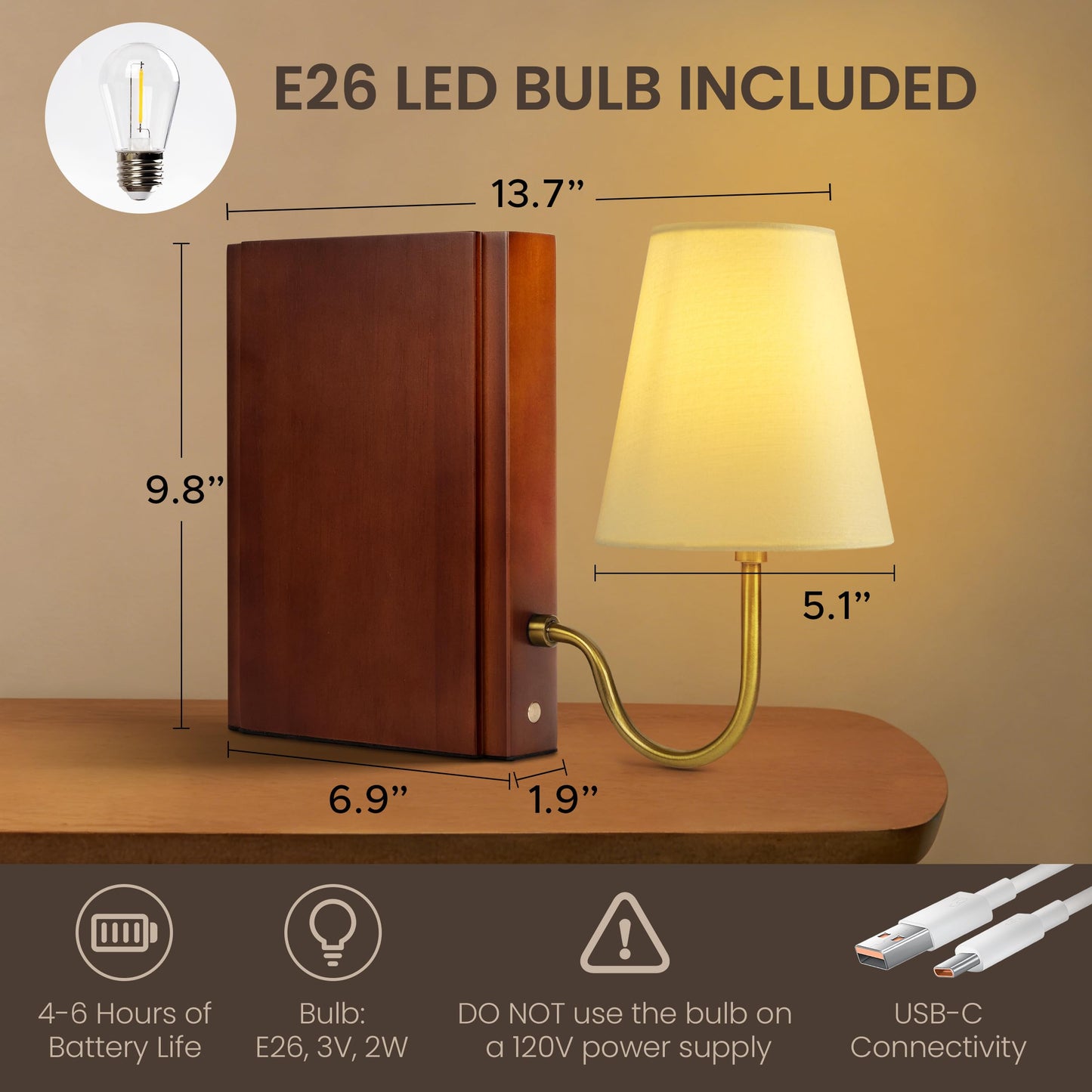 AELS Wooden Bookshelf Lamp with Bulb, Cordless Touch Dimmable Table Lamp with Linen Fabric Shade, Battery Operated, Modern Decorative Bookend, Book Sconce for Office Home Bedroom Bookshelf, Natural