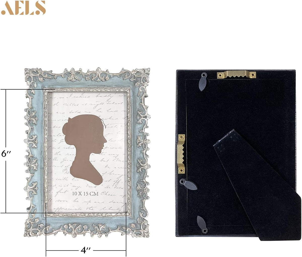 AELS 4x6 Inch Vintage Picture Frame, Elegant Antique Photo Frames with Glass Front, Photo Display, Tabletop Wall Hanging, Gift Ideas, Vine Pattern, Silver & Light Blue